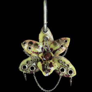 Y2K Fairy Grunge Purse Accessory • Green and Burgundy • Pierced Resin Orchid with Rabbit Spikes and Draped Chains Trinket