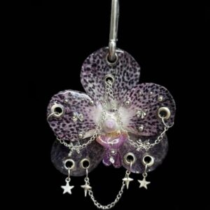 Resin Orchid Bag Charm • Plum / Black • leopard bows and stars