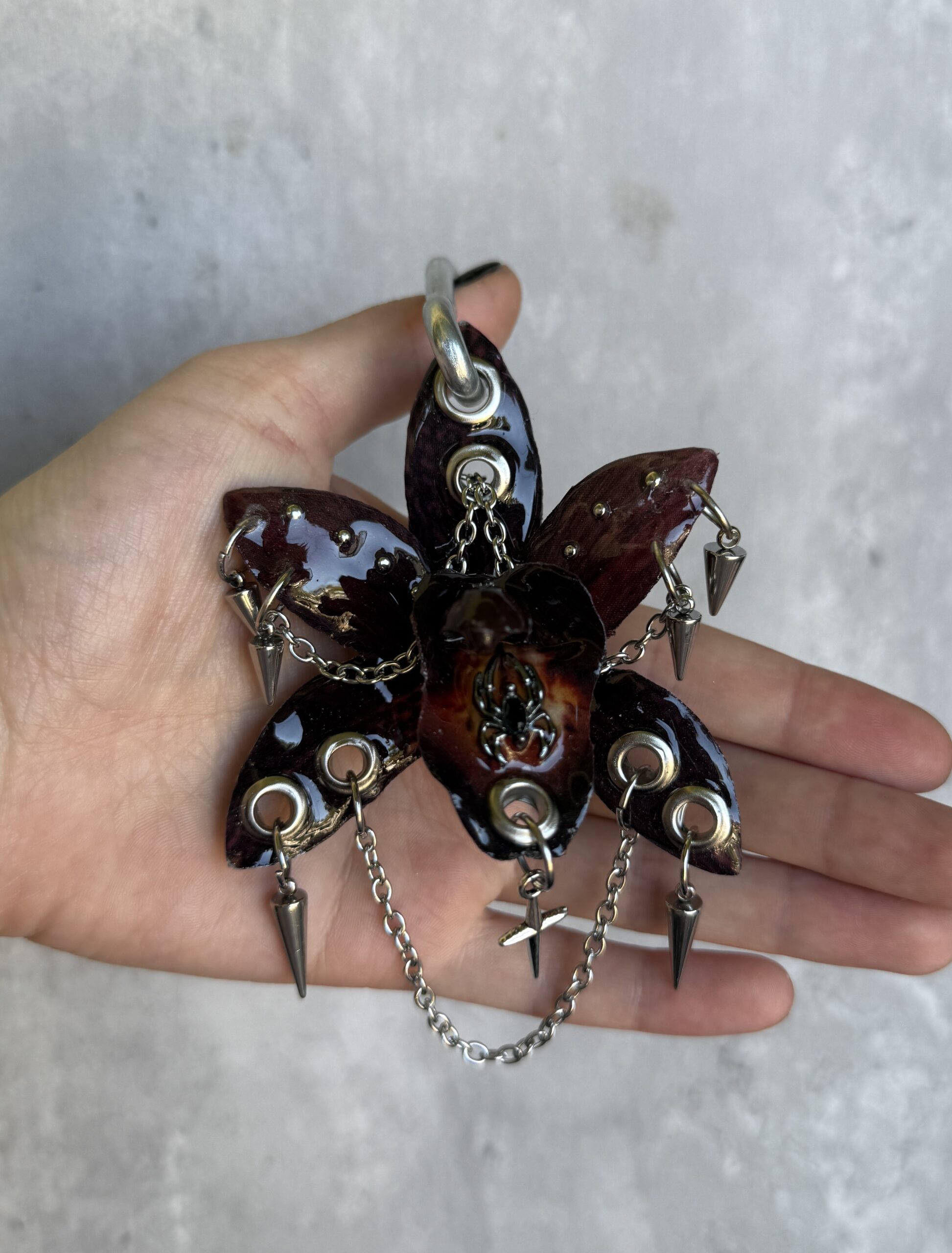 Witchy Bag Charm • Dark Oxblood Burgundy and Gunmetal Black • Resin Orchid with Spider, Spikes and Falling Stars Trinket - Image 4