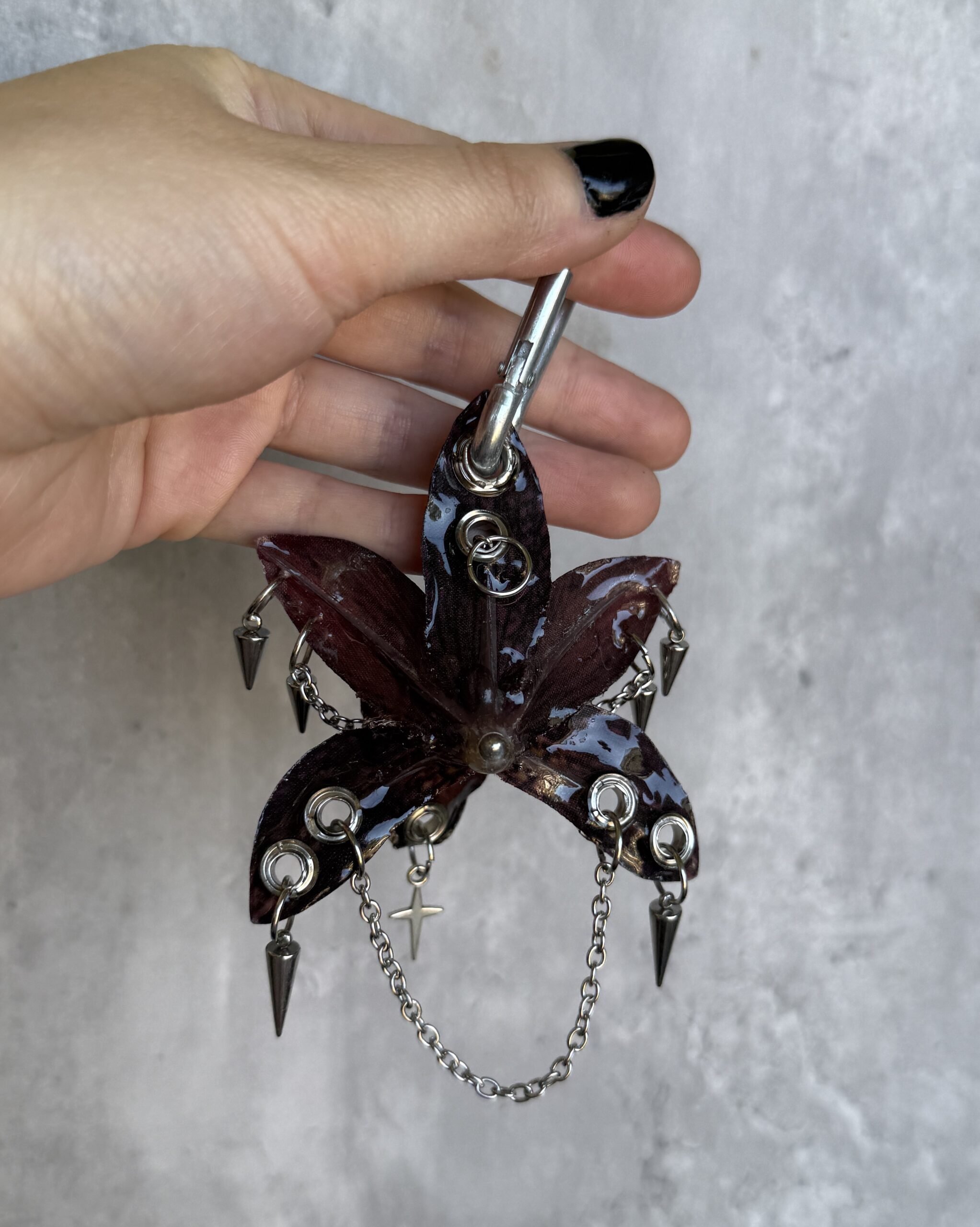 Witchy Bag Charm • Dark Oxblood Burgundy and Gunmetal Black • Resin Orchid with Spider, Spikes and Falling Stars Trinket - Image 3