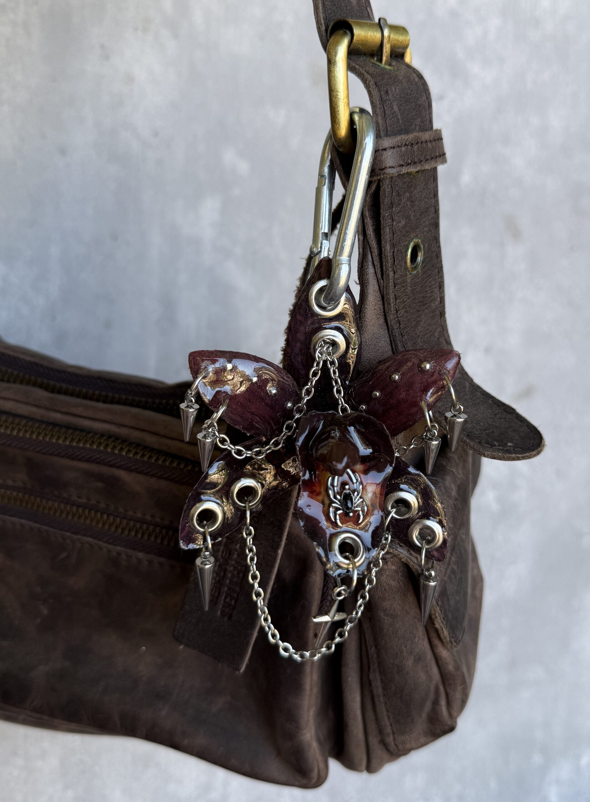 Witchy Bag Charm • Dark Oxblood Burgundy and Gunmetal Black • Resin Orchid with Spider, Spikes and Falling Stars Trinket - Image 2