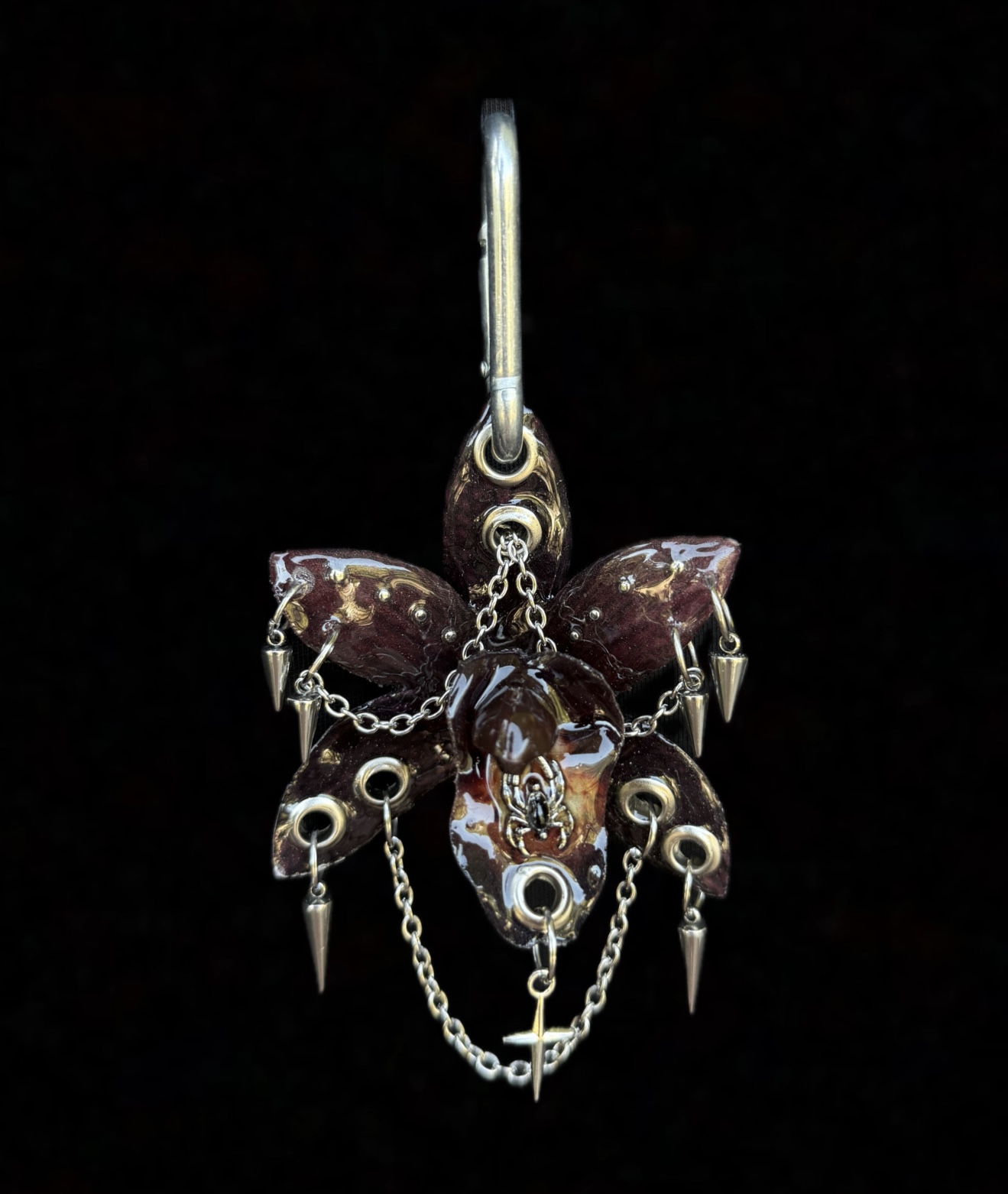 Witchy Bag Charm • Dark Oxblood Burgundy and Gunmetal Black • Resin Orchid with Spider, Spikes and Falling Stars Trinket