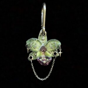 Resin Orchid Bag Charm • Forest Green / Purple •  emerald chains trinket