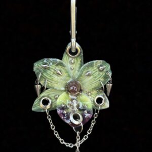 Resin Orchid Bag Charm • Forest Green / Purple • jade and spikes charm
