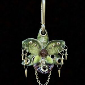 Resin Orchid Bag Charm • Forest Green / Purple • green stars and spikes