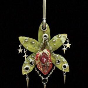 Resin Orchid Bag Charm • Chartreuse / Crimson • scarlet spider trinket