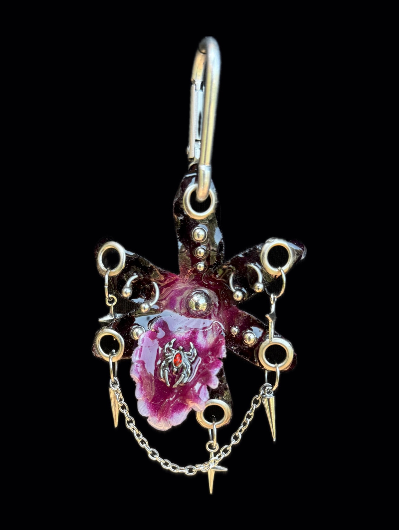 Gothic Bag Charm • Black and Wine • Resin Orchid with Red Spider, Stars and Spikes Trinket, Handmade Purse Charm for Her