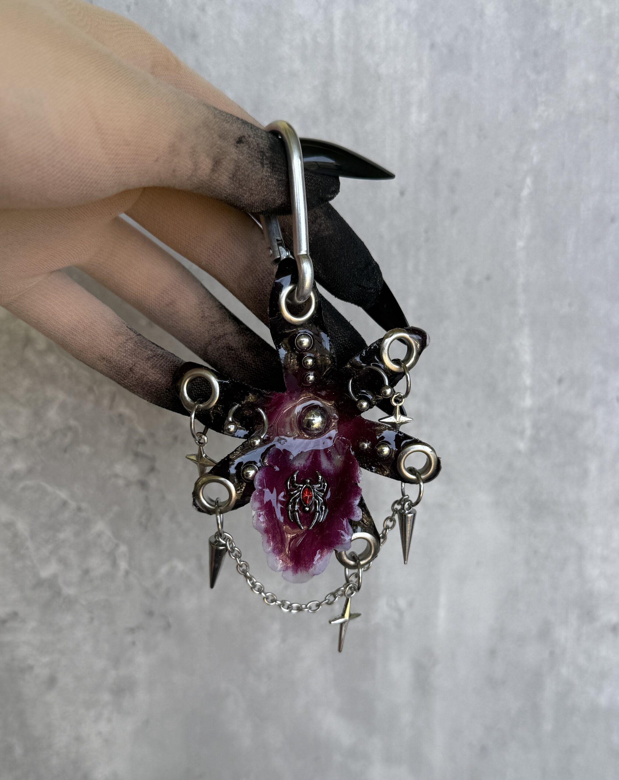 Gothic Bag Charm • Black and Wine • Resin Orchid with Red Spider, Stars and Spikes Trinket, Handmade Purse Charm for Her - Image 3