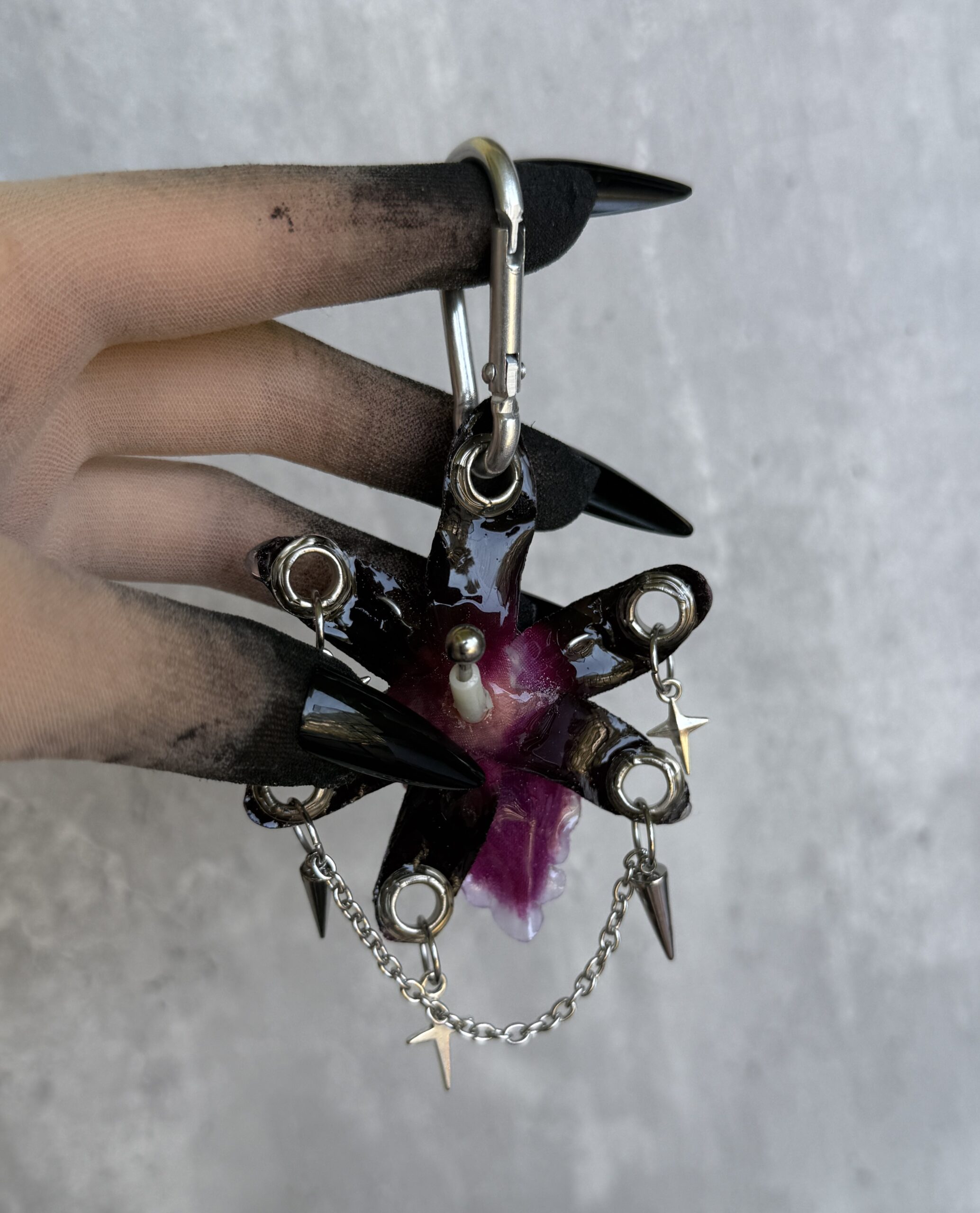 Gothic Bag Charm • Black and Wine • Resin Orchid with Red Spider, Stars and Spikes Trinket, Handmade Purse Charm for Her - Image 4