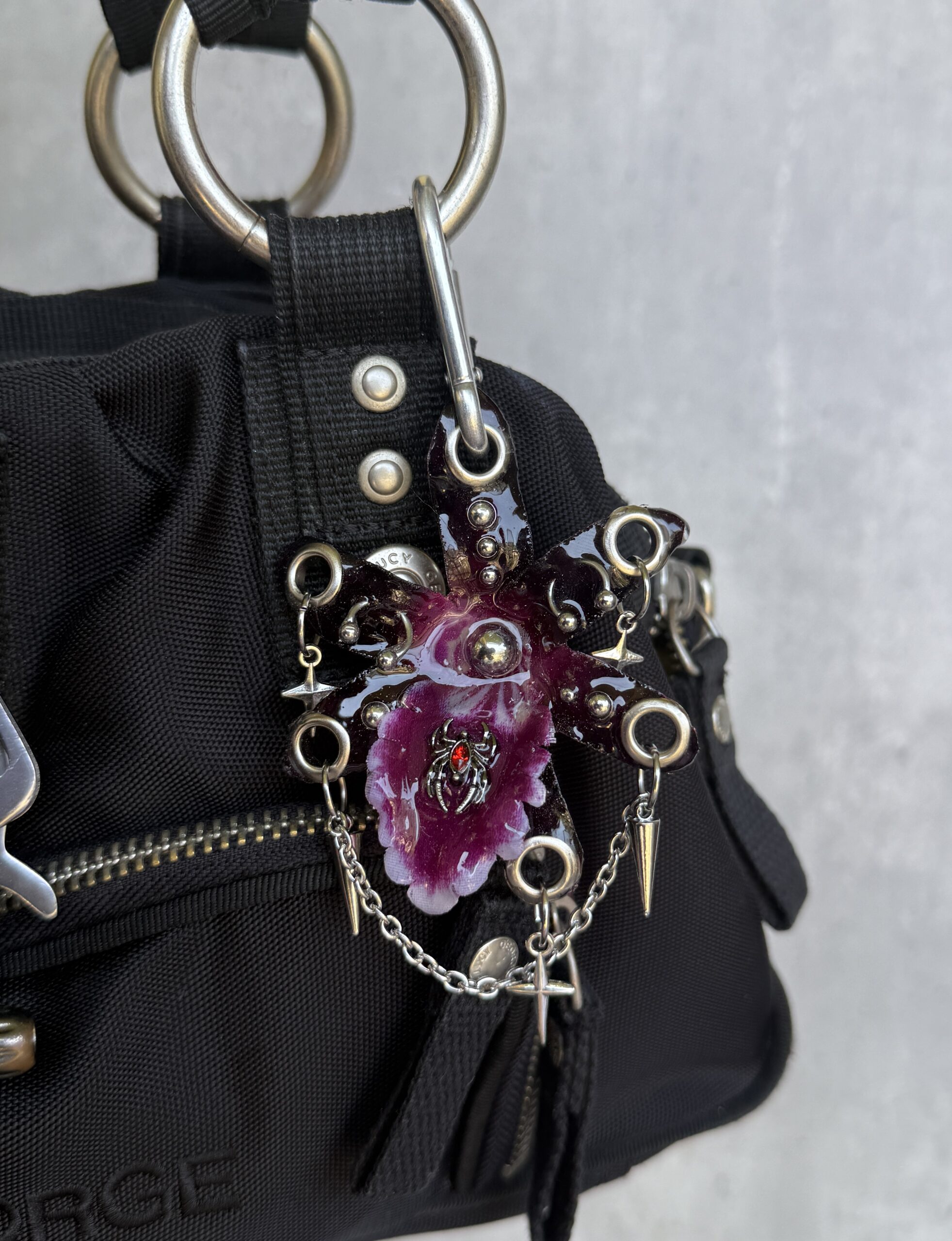 Gothic Bag Charm • Black and Wine • Resin Orchid with Red Spider, Stars and Spikes Trinket, Handmade Purse Charm for Her - Image 2