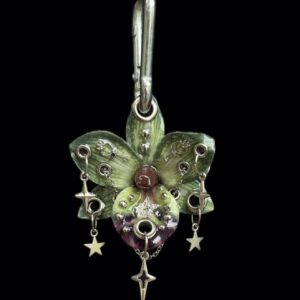 Fairycore Bag Charm • Forest Green and Plum • Resin Orchid with Sparkle Stars Key Charms and Draped Silver Chains Trinket