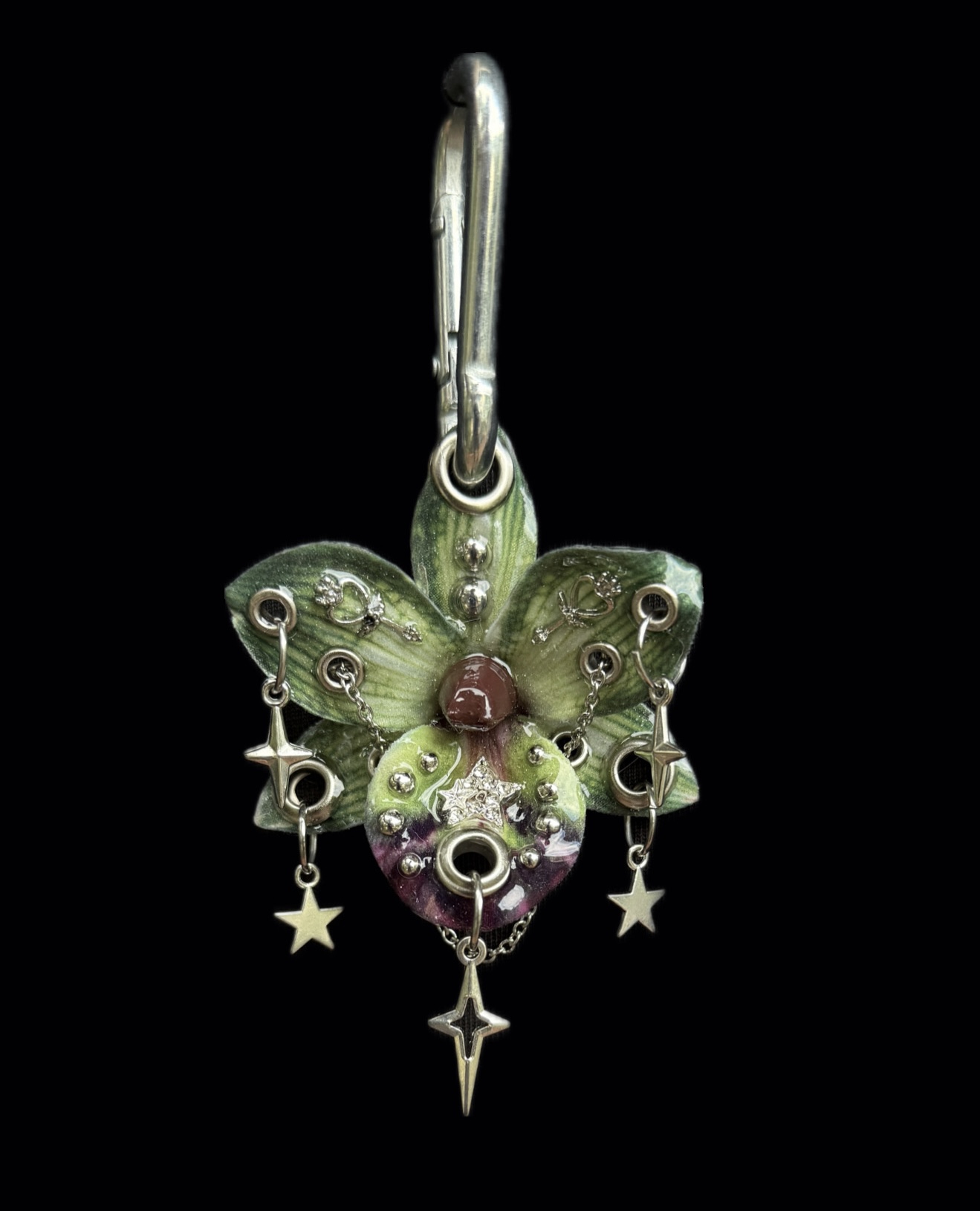 Fairycore Bag Charm • Forest Green and Plum • Resin Orchid with Sparkle Stars Key Charms and Draped Silver Chains Trinket