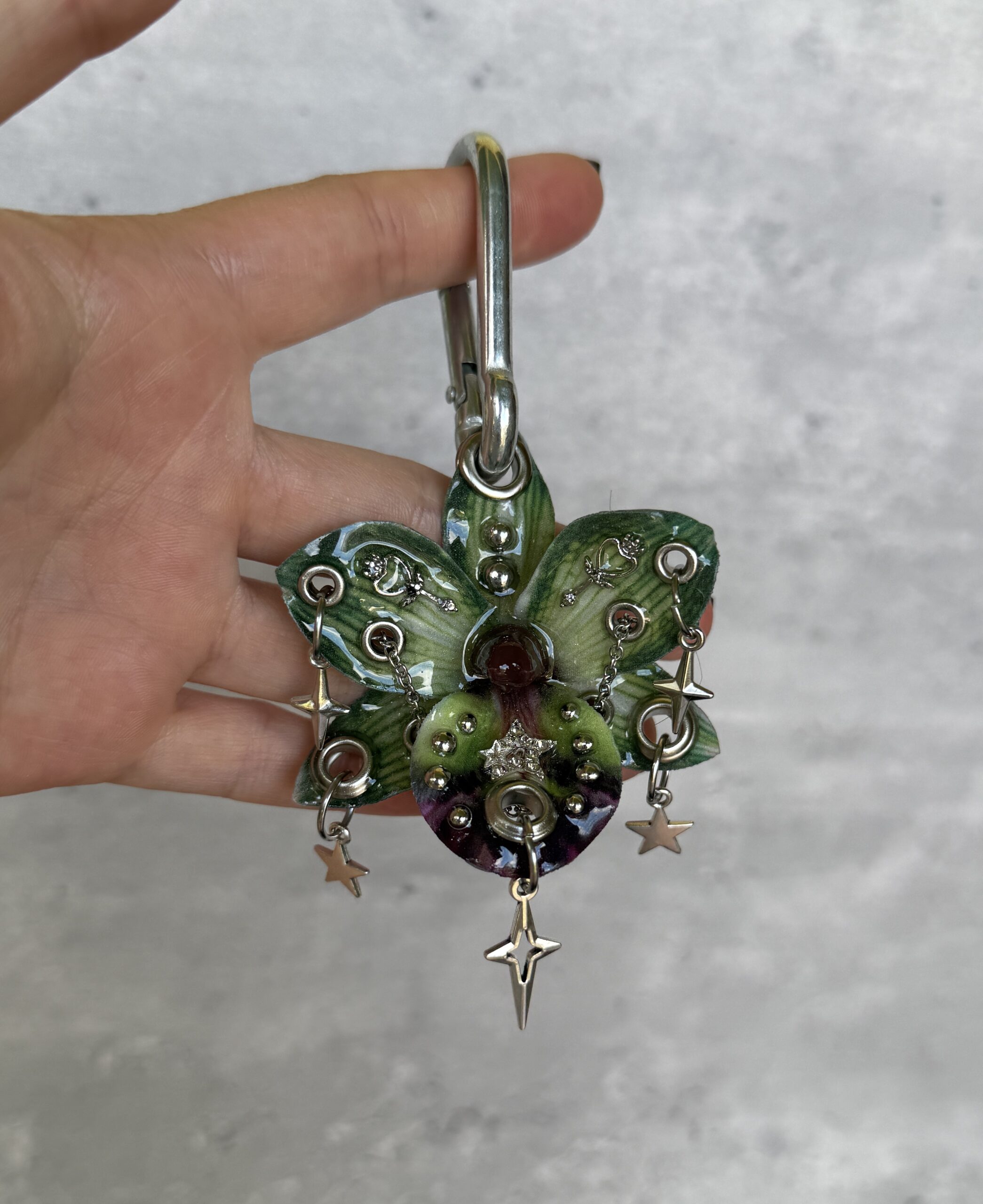 Fairycore Bag Charm • Forest Green and Plum • Resin Orchid with Sparkle Stars Key Charms and Draped Silver Chains Trinket - Image 3