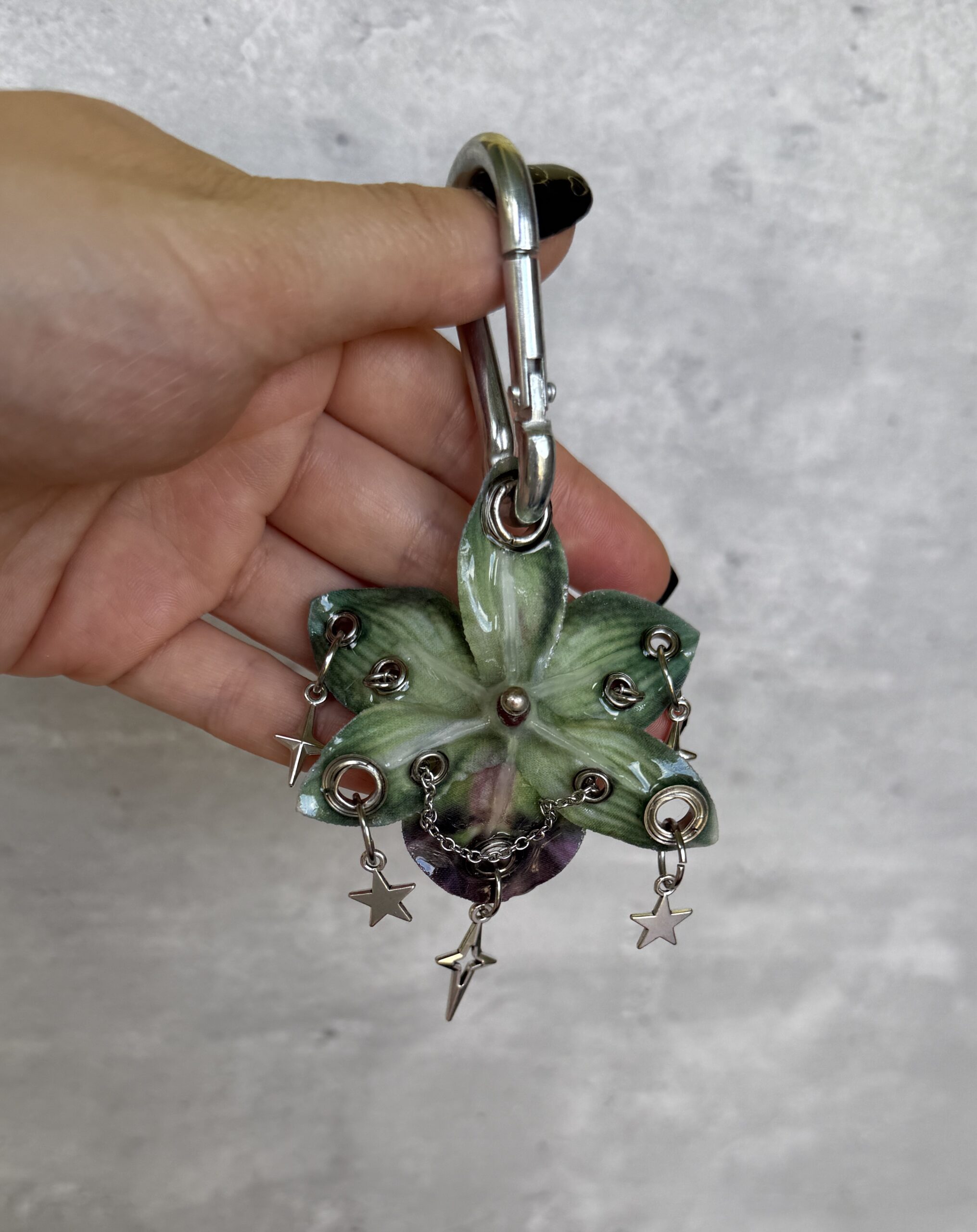 Fairycore Bag Charm • Forest Green and Plum • Resin Orchid with Sparkle Stars Key Charms and Draped Silver Chains Trinket - Image 4