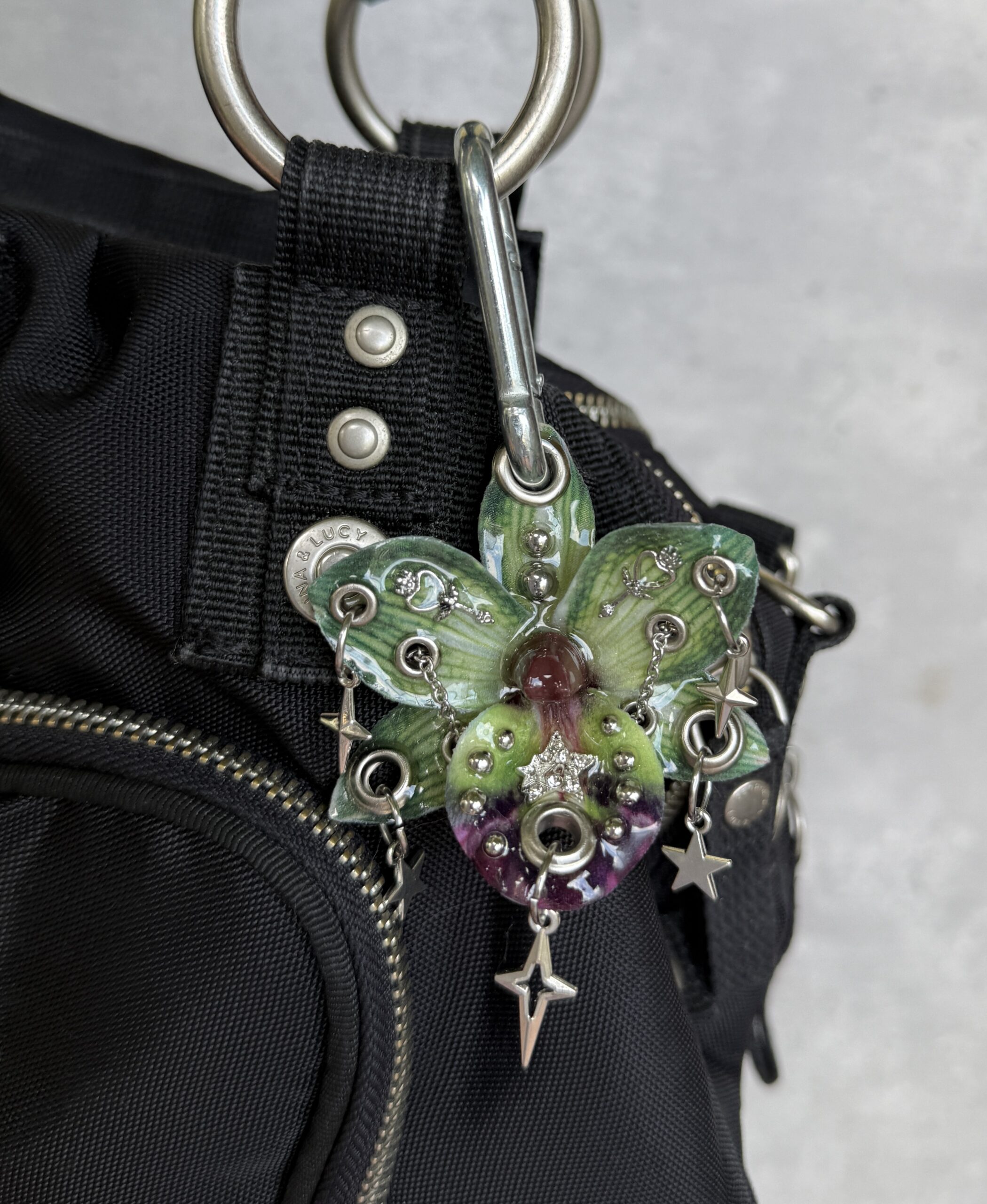 Fairycore Bag Charm • Forest Green and Plum • Resin Orchid with Sparkle Stars Key Charms and Draped Silver Chains Trinket - Image 2