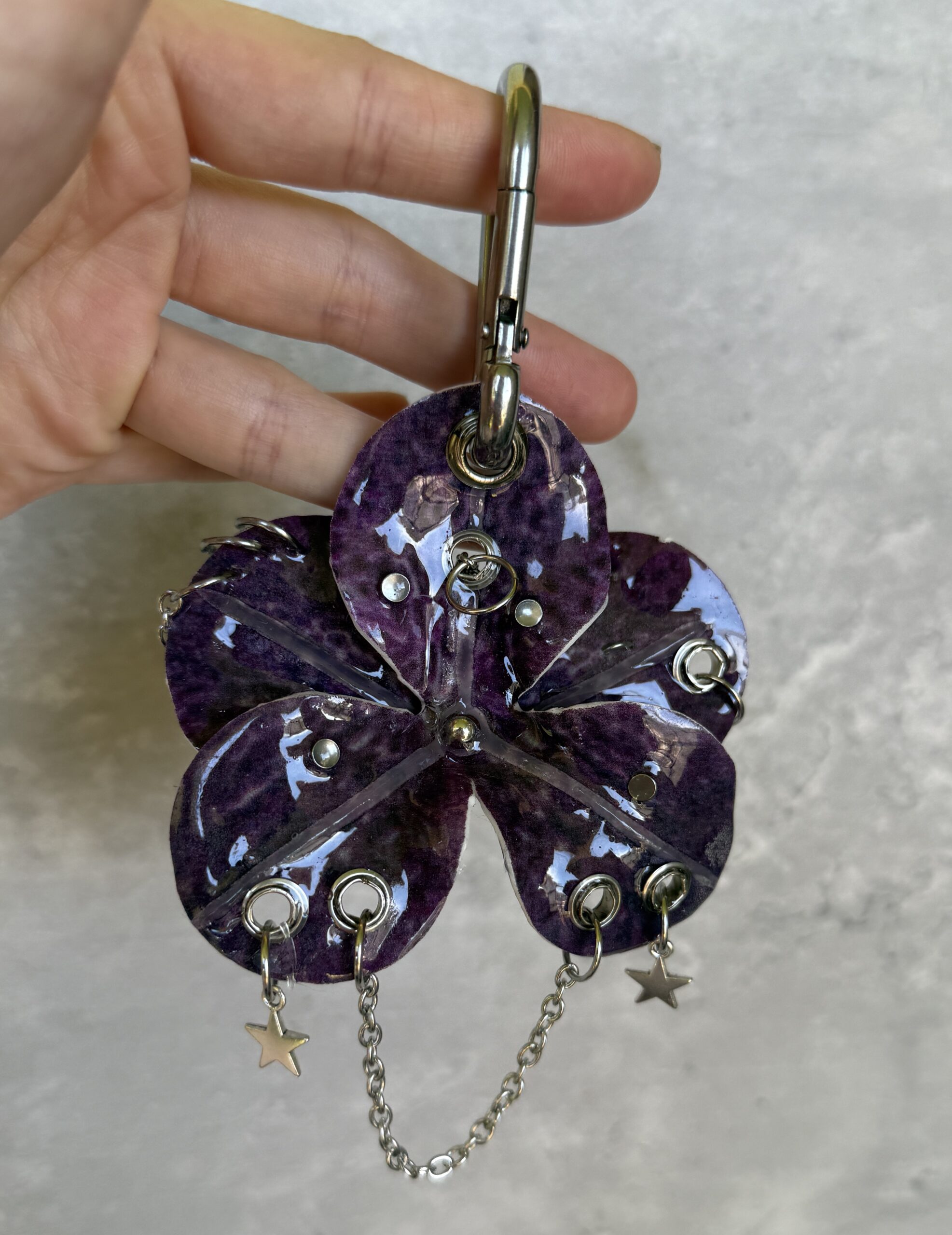Dark Coquette Bag Charm • Deep Plum Purple and Bright Silver • Resin Orchid with Spiked Bows, Stars and Pierced Petals Trinket - Image 3