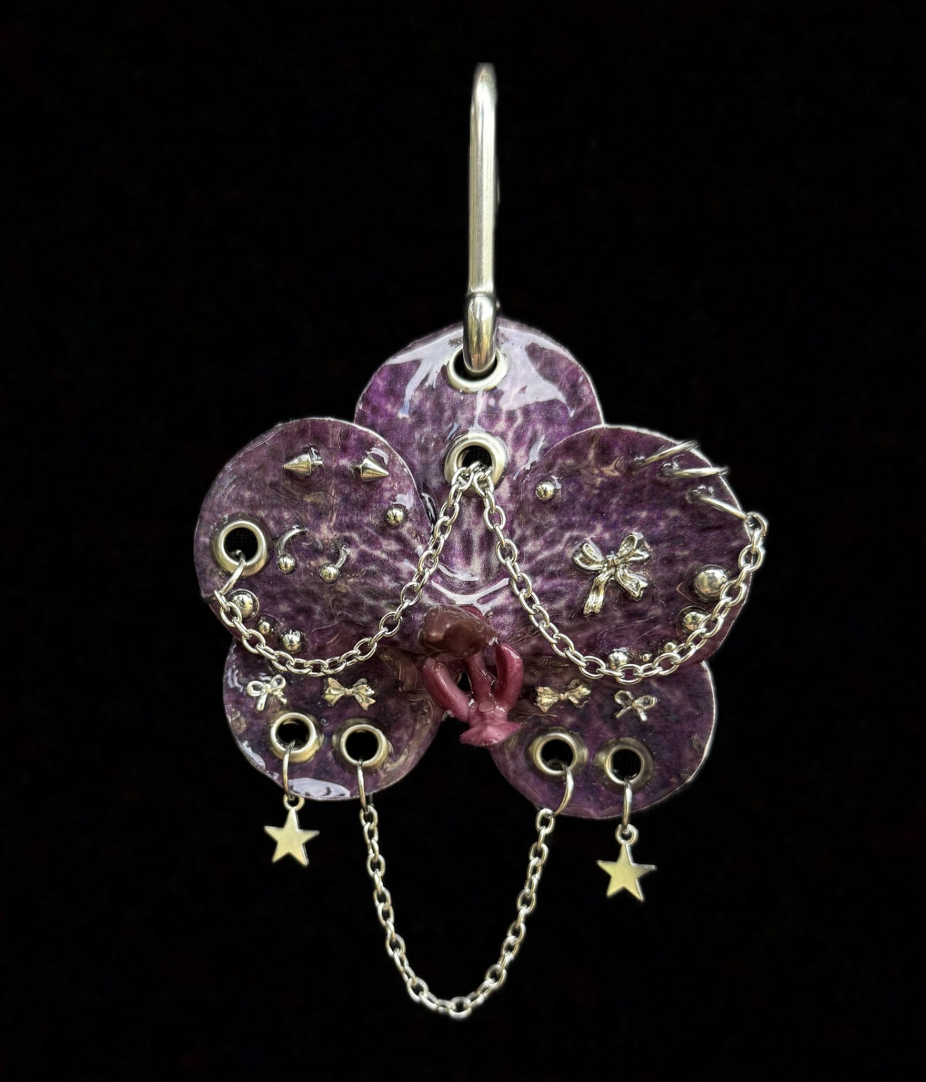 Dark Coquette Bag Charm • Deep Plum Purple and Bright Silver • Resin Orchid with Spiked Bows, Stars and Pierced Petals Trinket