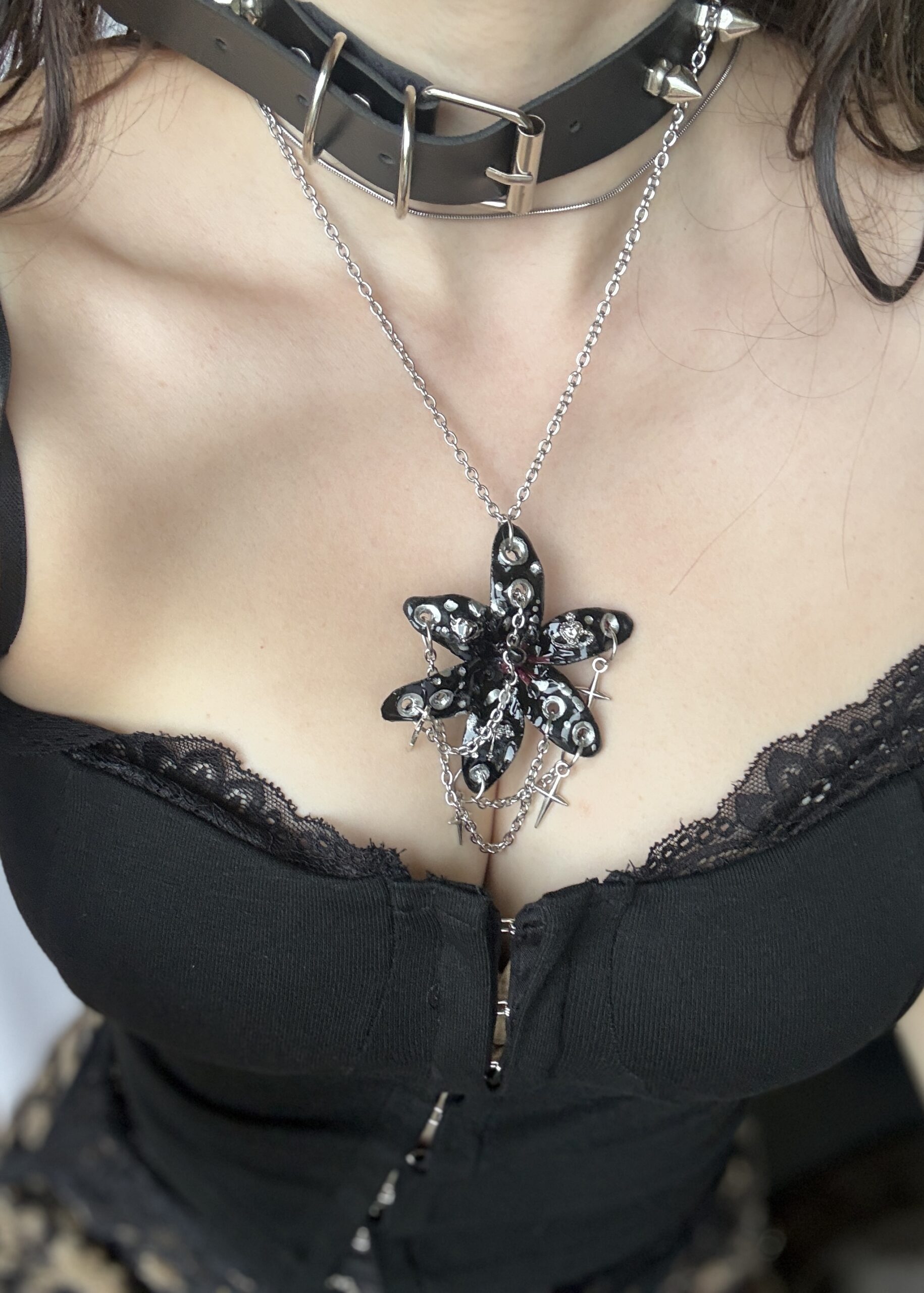 Resin Orchid Necklace Pendant • Black and Silver • Stars and Crosses Trinket - Image 2