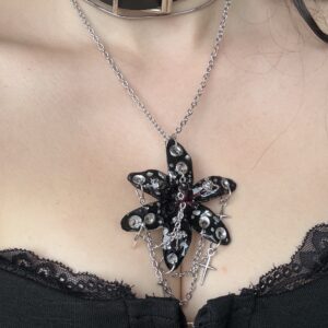 Resin Orchid Necklace Pendant • Black and Silver • Stars and Crosses Trinket