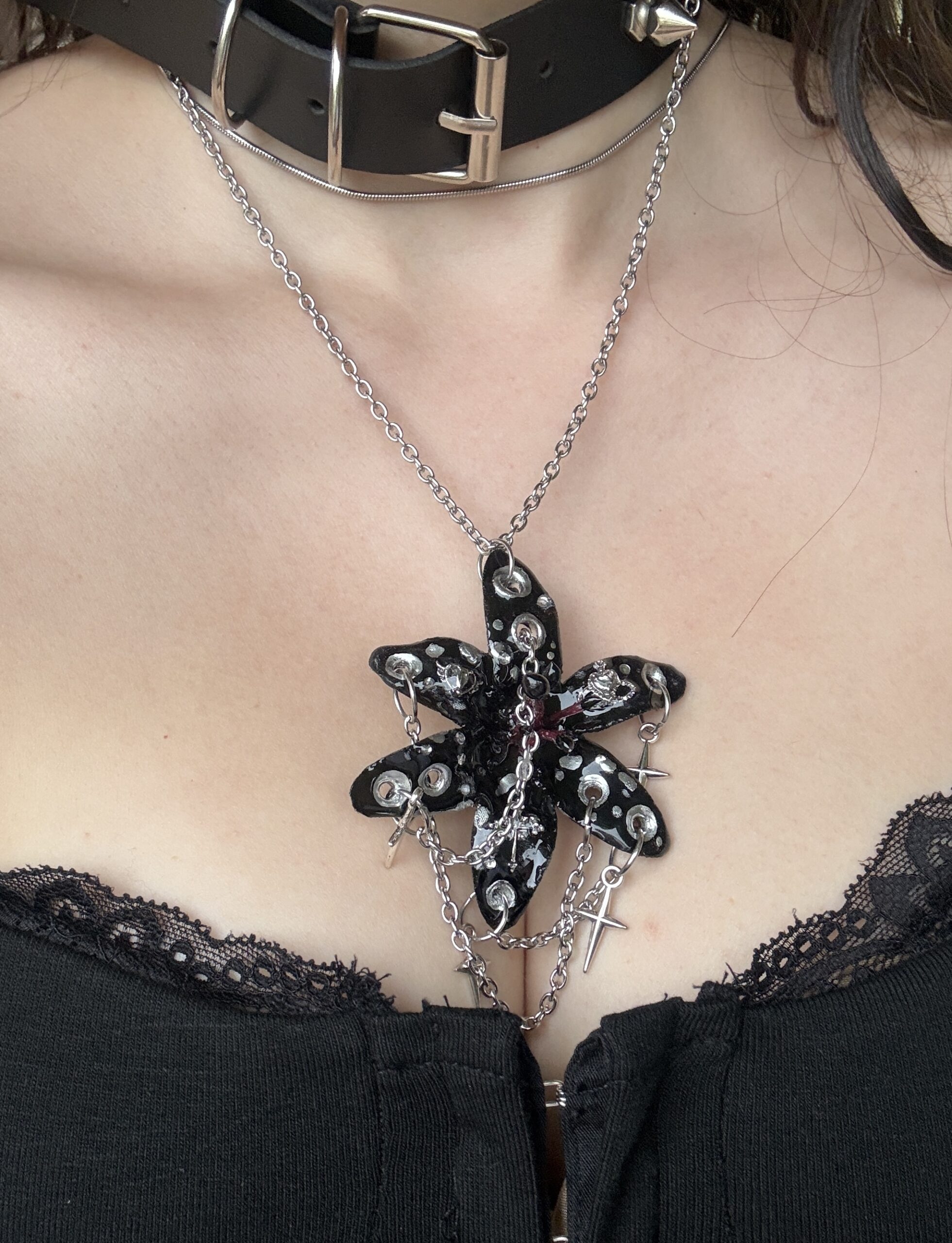 Resin Orchid Necklace Pendant • Black and Silver • Stars and Crosses Trinket