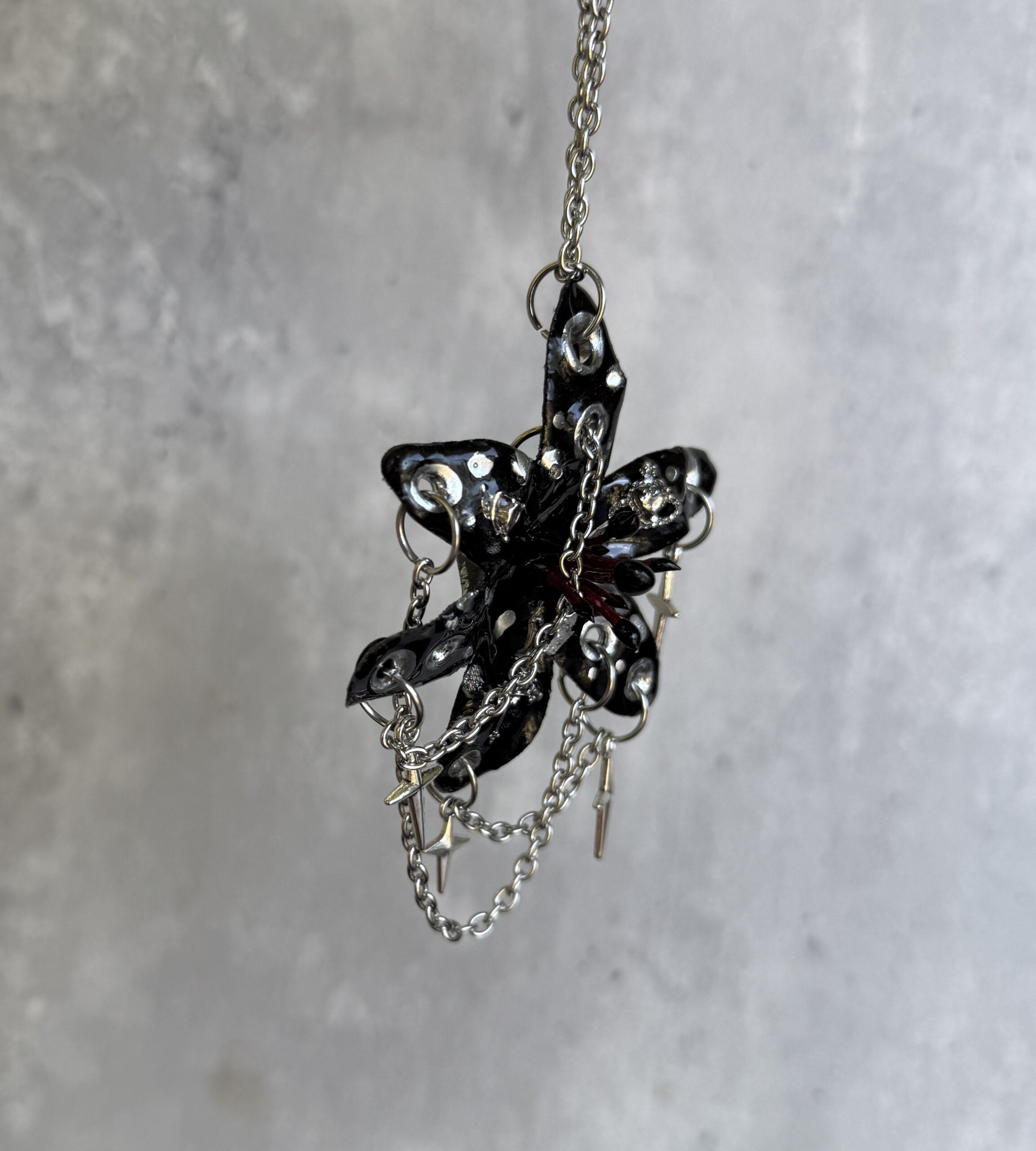 Resin Orchid Necklace Pendant • Black and Silver • Stars and Crosses Trinket - Image 4