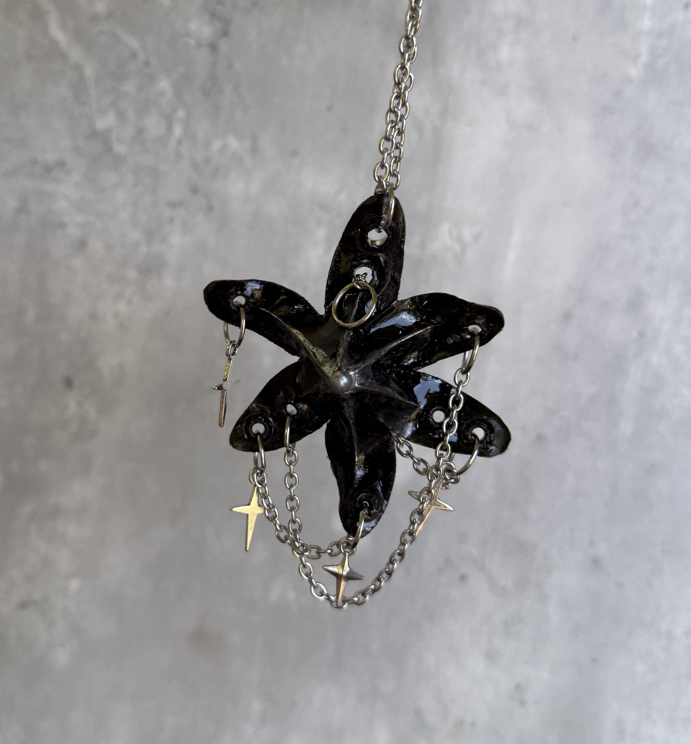 Resin Orchid Necklace Pendant • Black and Silver • Stars and Crosses Trinket - Image 5
