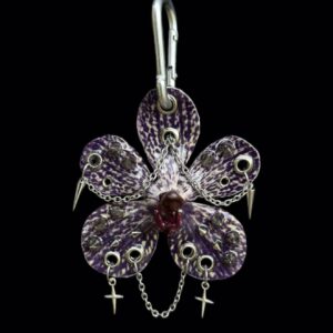 Celestial Bag Charm • Deep Purple and Cream • Resin Orchid with Many Spikes Sparkle Stars and Draped Silver Chains Trinket