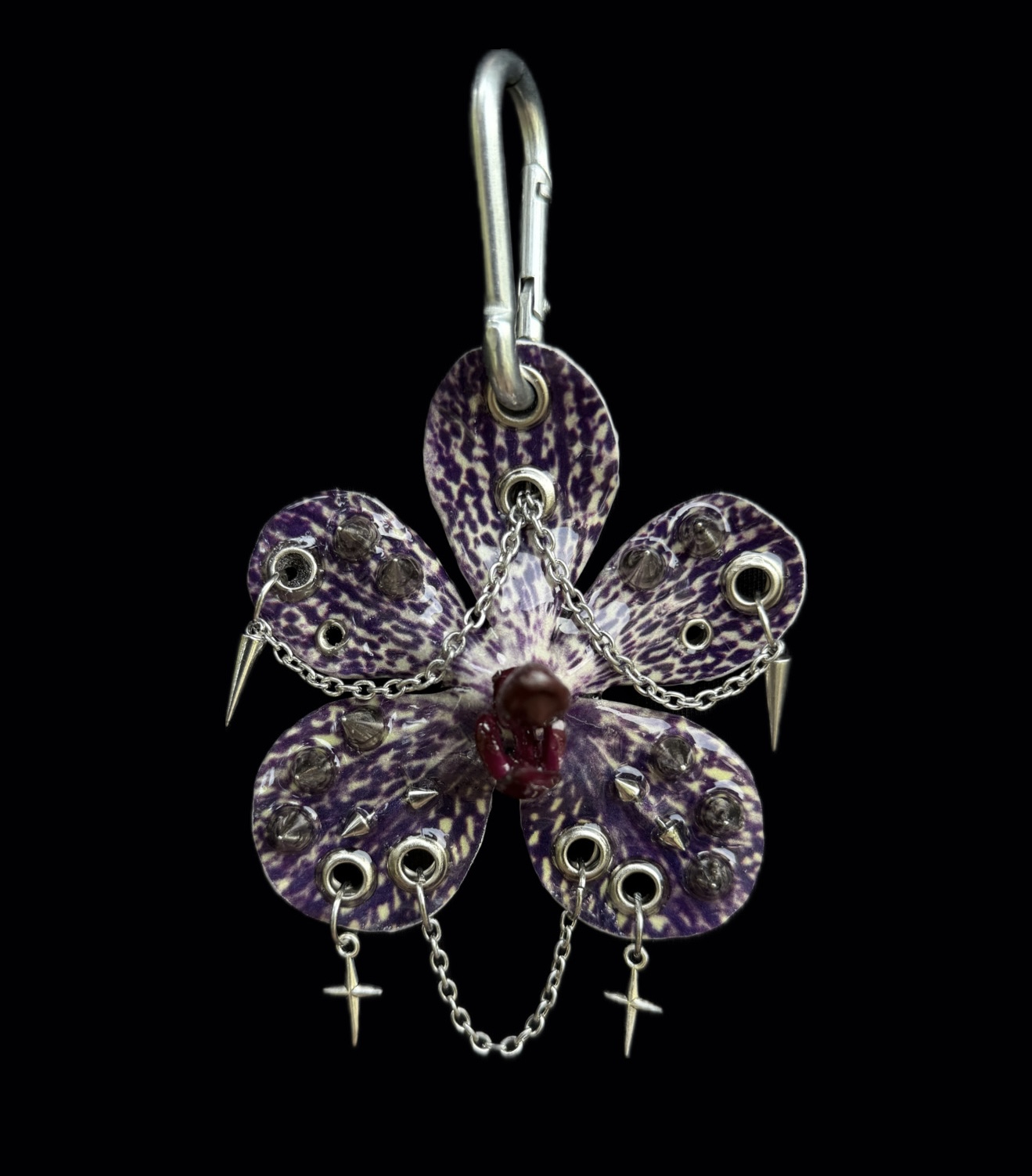 Celestial Bag Charm • Deep Purple and Cream • Resin Orchid with Many Spikes Sparkle Stars and Draped Silver Chains Trinket