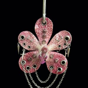 Punk Flower Keychain • Pink Speckle and White • Resin Orchid with Many Spikes Studs Stars and Draped Silver Chains Trinket