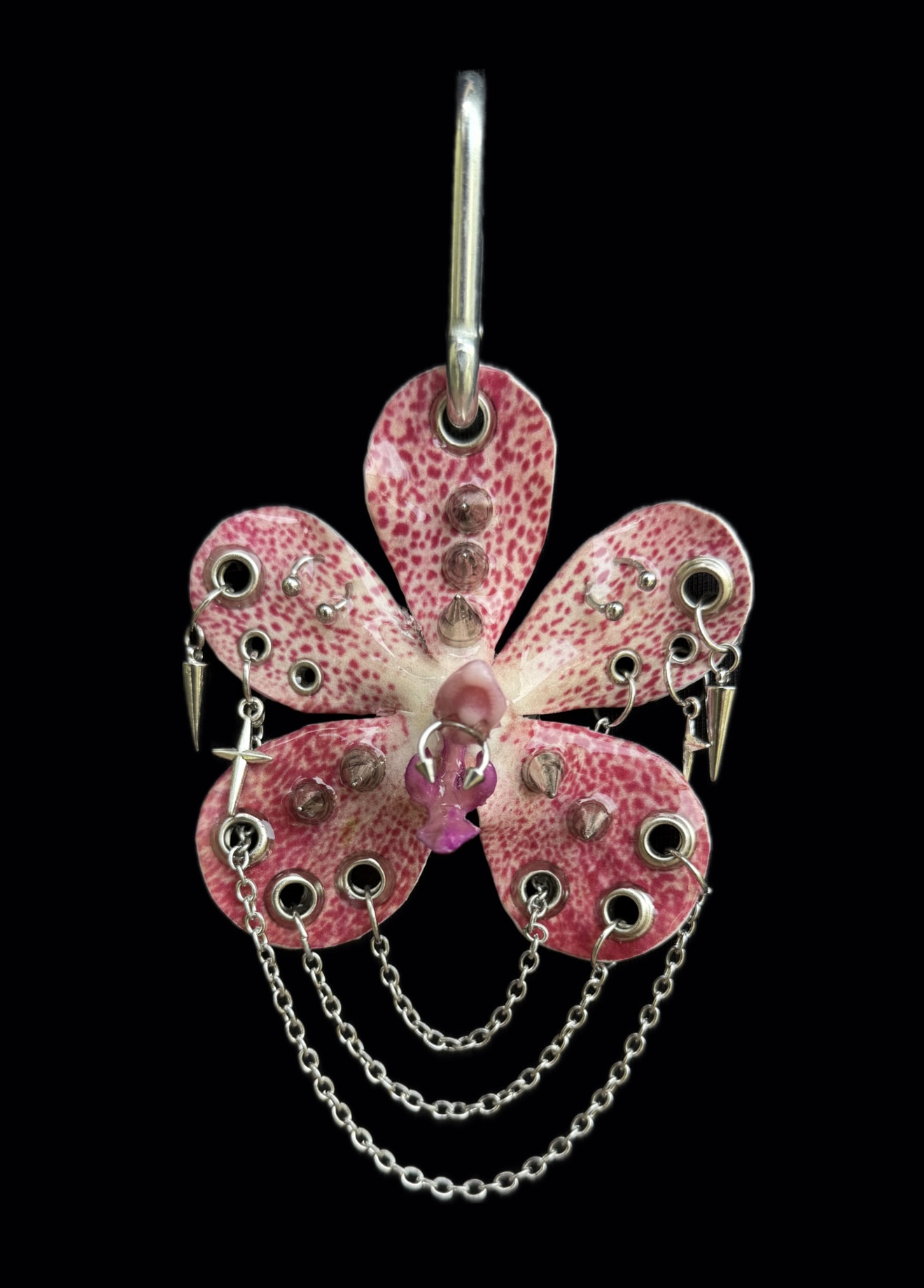 Punk Flower Keychain • Pink Speckle and White • Resin Orchid with Many Spikes Studs Stars and Draped Silver Chains Trinket