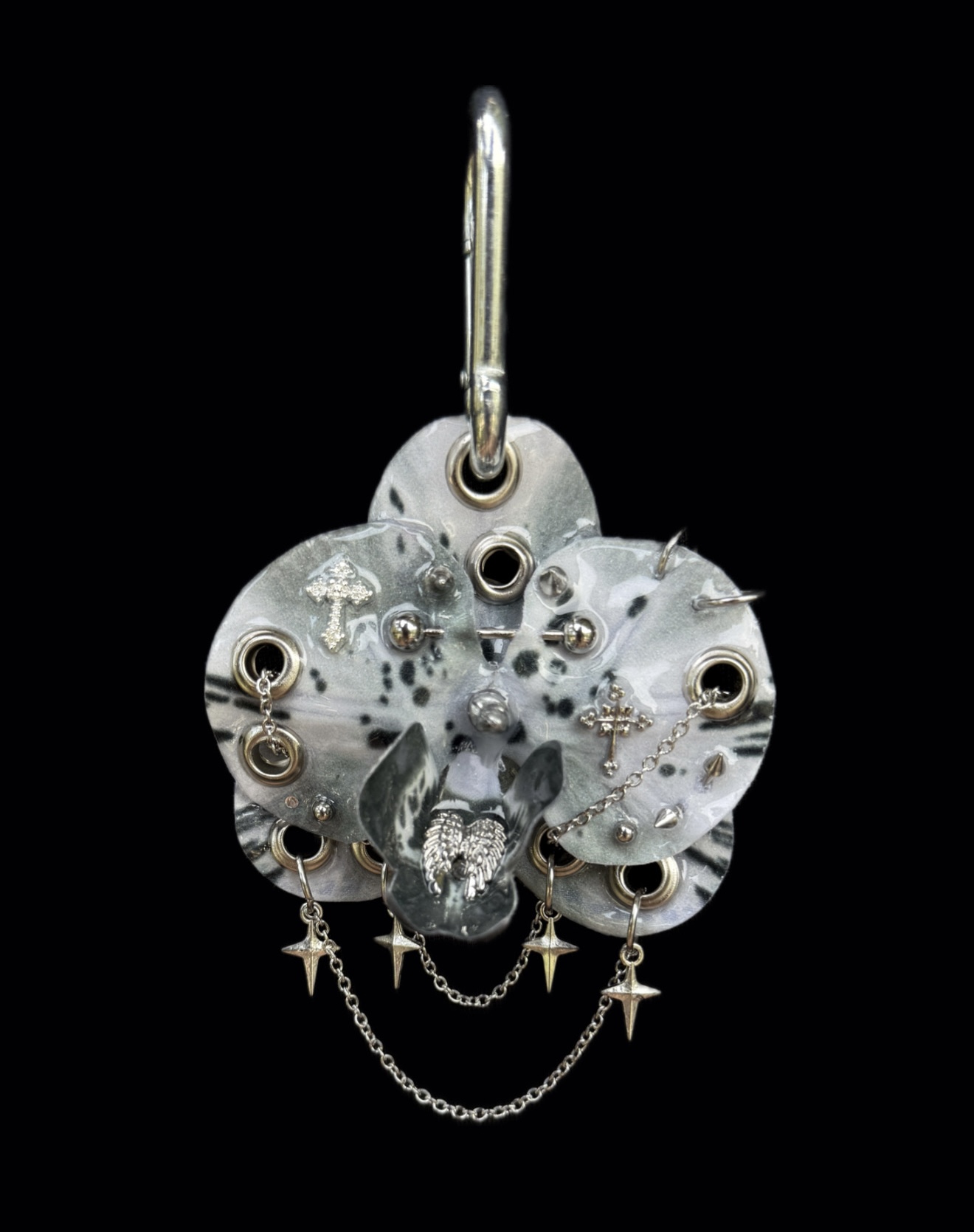 Gothic Bag Charm • Grey Marble and Silver • Resin Orchid with Crosses Angel Wings Silver Chains Stars and Spikes Trinket