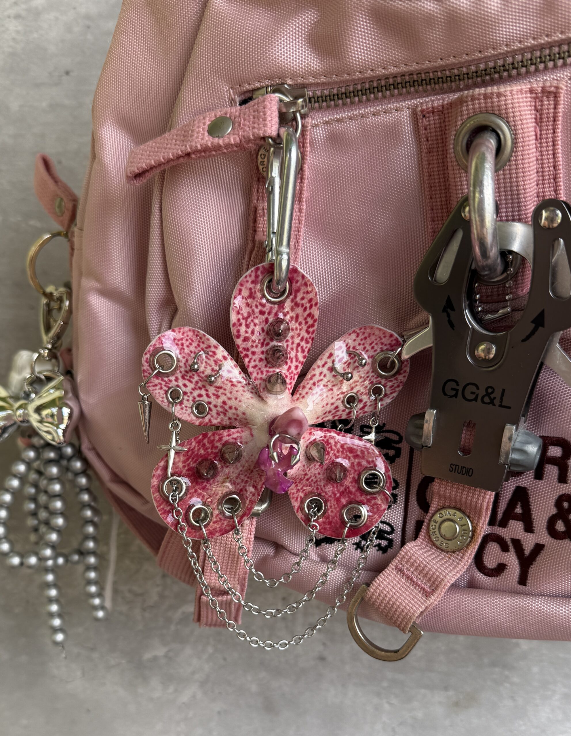 Punk Flower Keychain • Pink Speckle and White • Resin Orchid with Many Spikes Studs Stars and Draped Silver Chains Trinket - Image 2