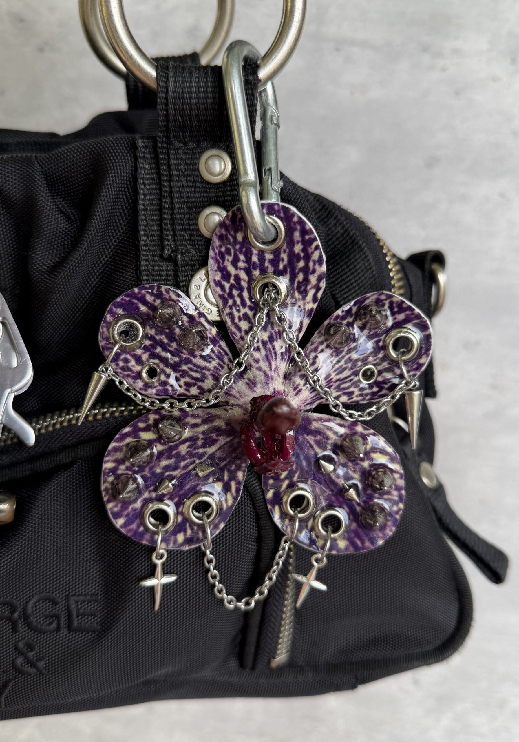Celestial Bag Charm • Deep Purple and Cream • Resin Orchid with Many Spikes Sparkle Stars and Draped Silver Chains Trinket - Image 2