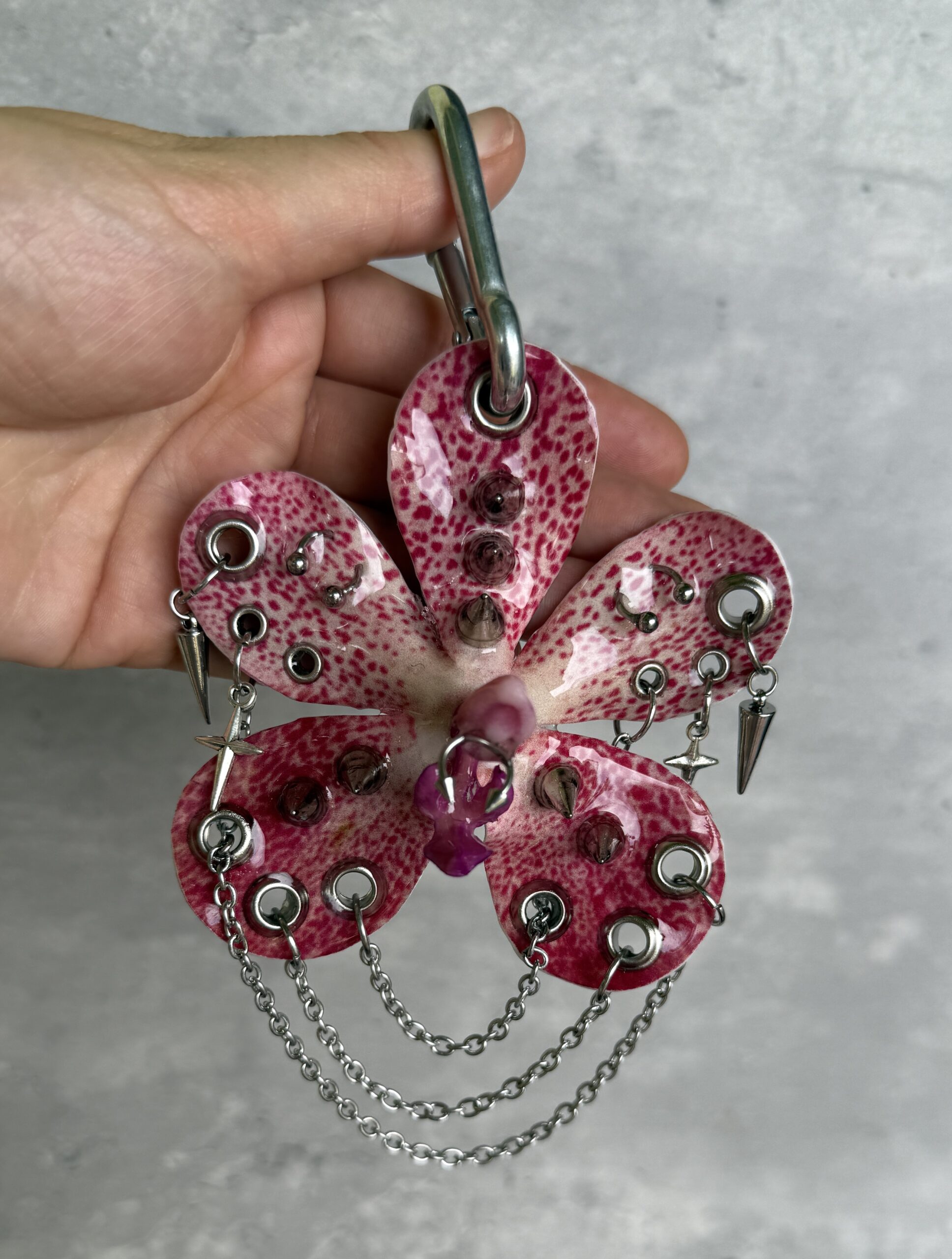 Punk Flower Keychain • Pink Speckle and White • Resin Orchid with Many Spikes Studs Stars and Draped Silver Chains Trinket - Image 3