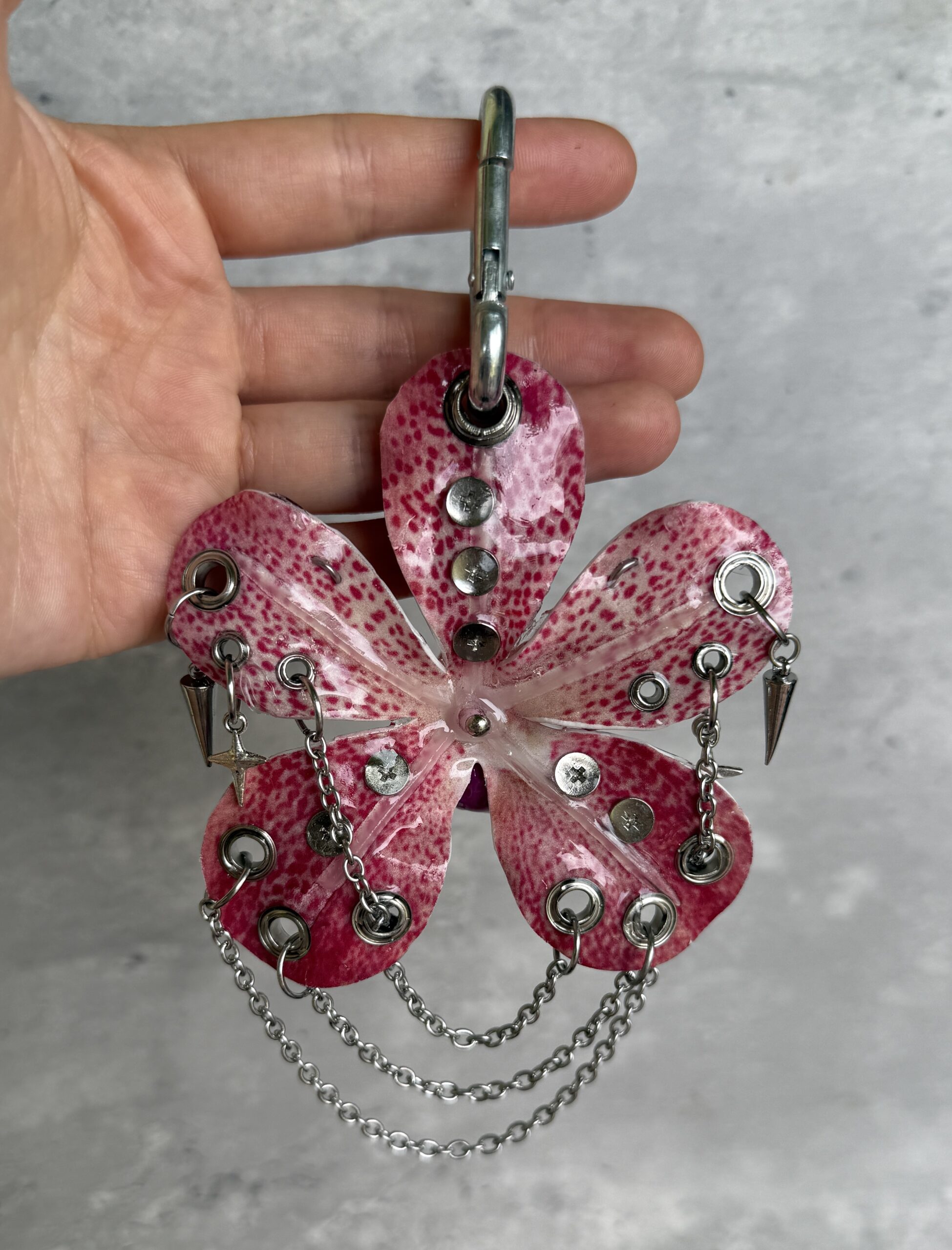 Punk Flower Keychain • Pink Speckle and White • Resin Orchid with Many Spikes Studs Stars and Draped Silver Chains Trinket - Image 4