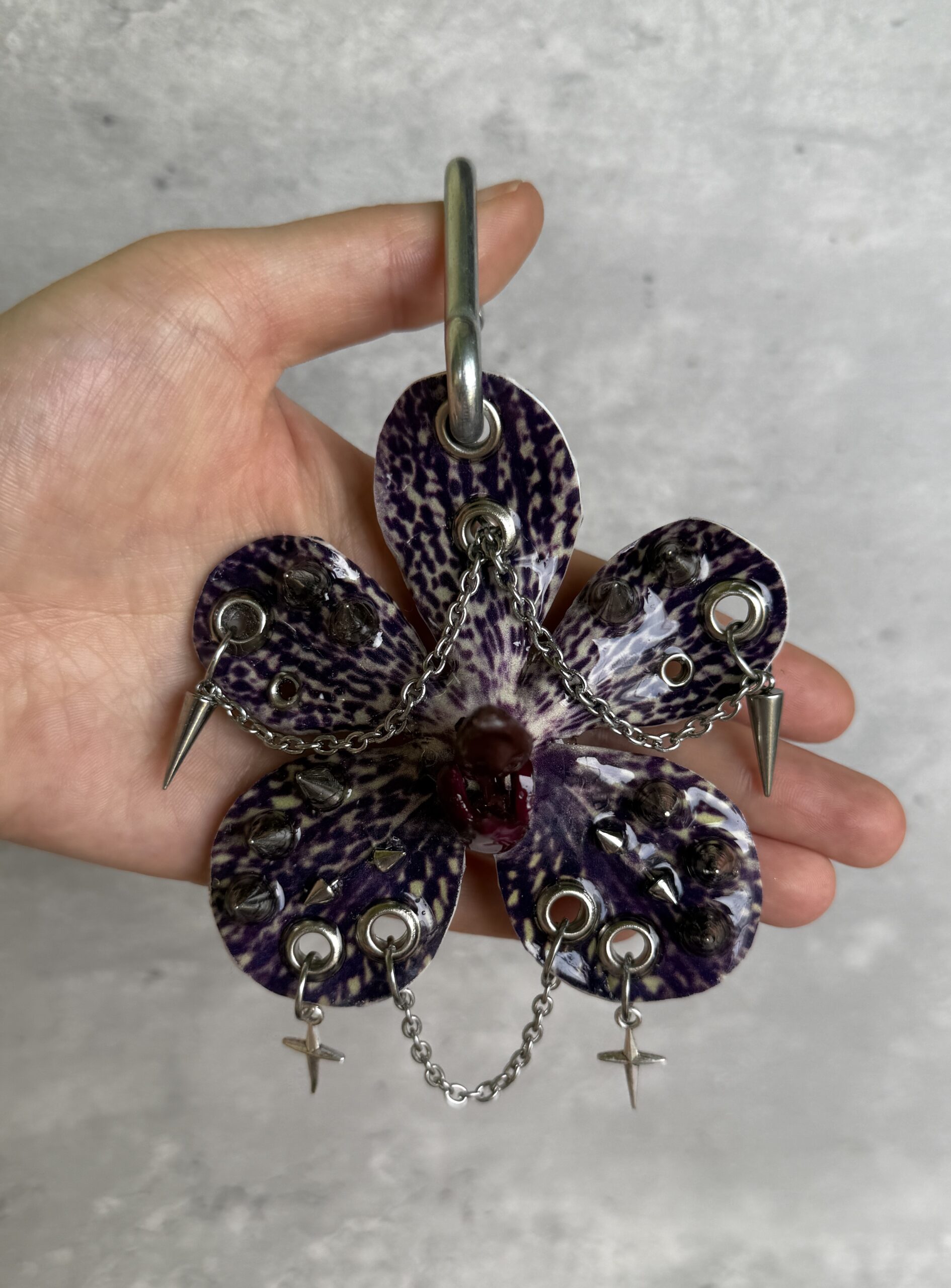 Celestial Bag Charm • Deep Purple and Cream • Resin Orchid with Many Spikes Sparkle Stars and Draped Silver Chains Trinket - Image 3