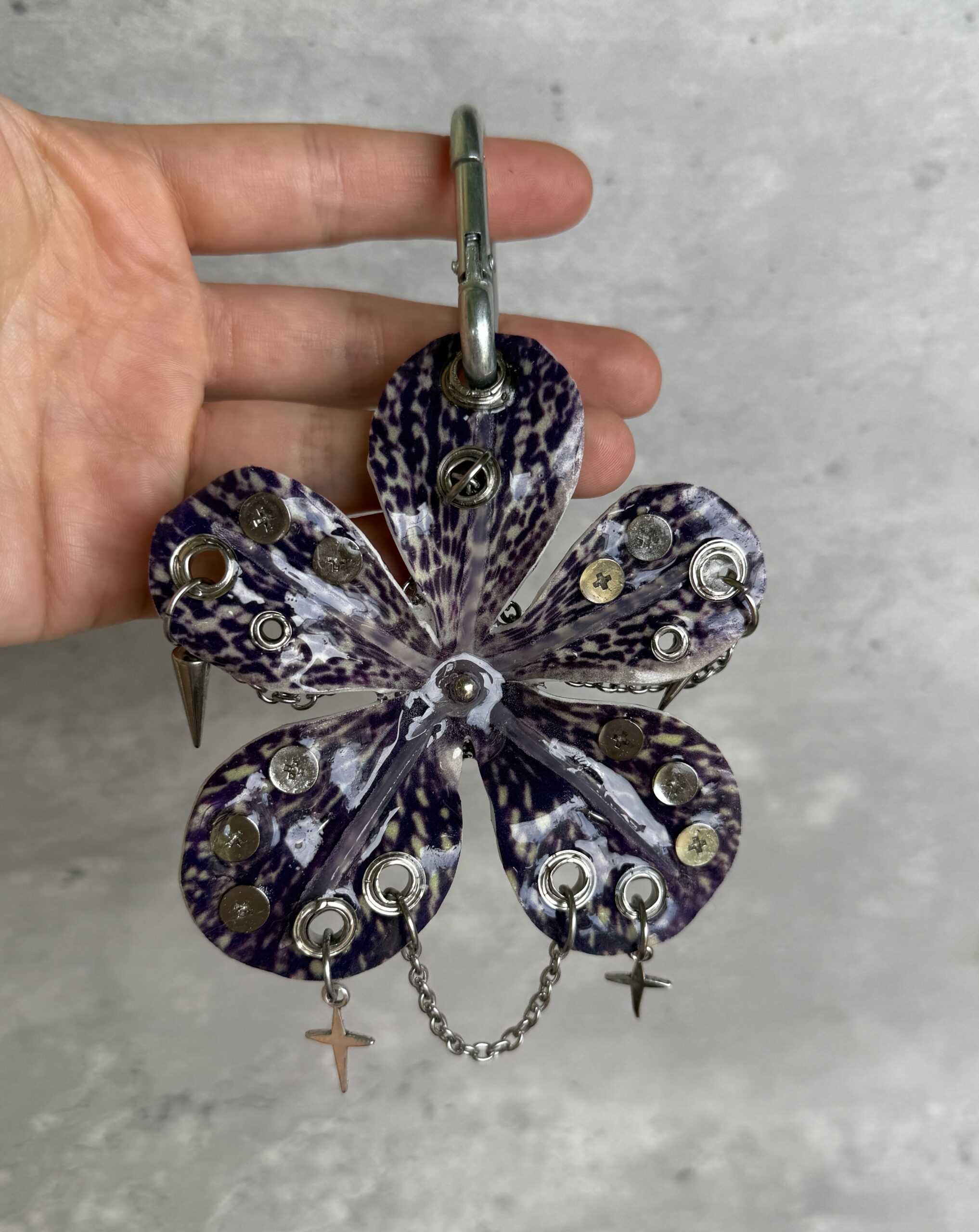 Celestial Bag Charm • Deep Purple and Cream • Resin Orchid with Many Spikes Sparkle Stars and Draped Silver Chains Trinket - Image 4