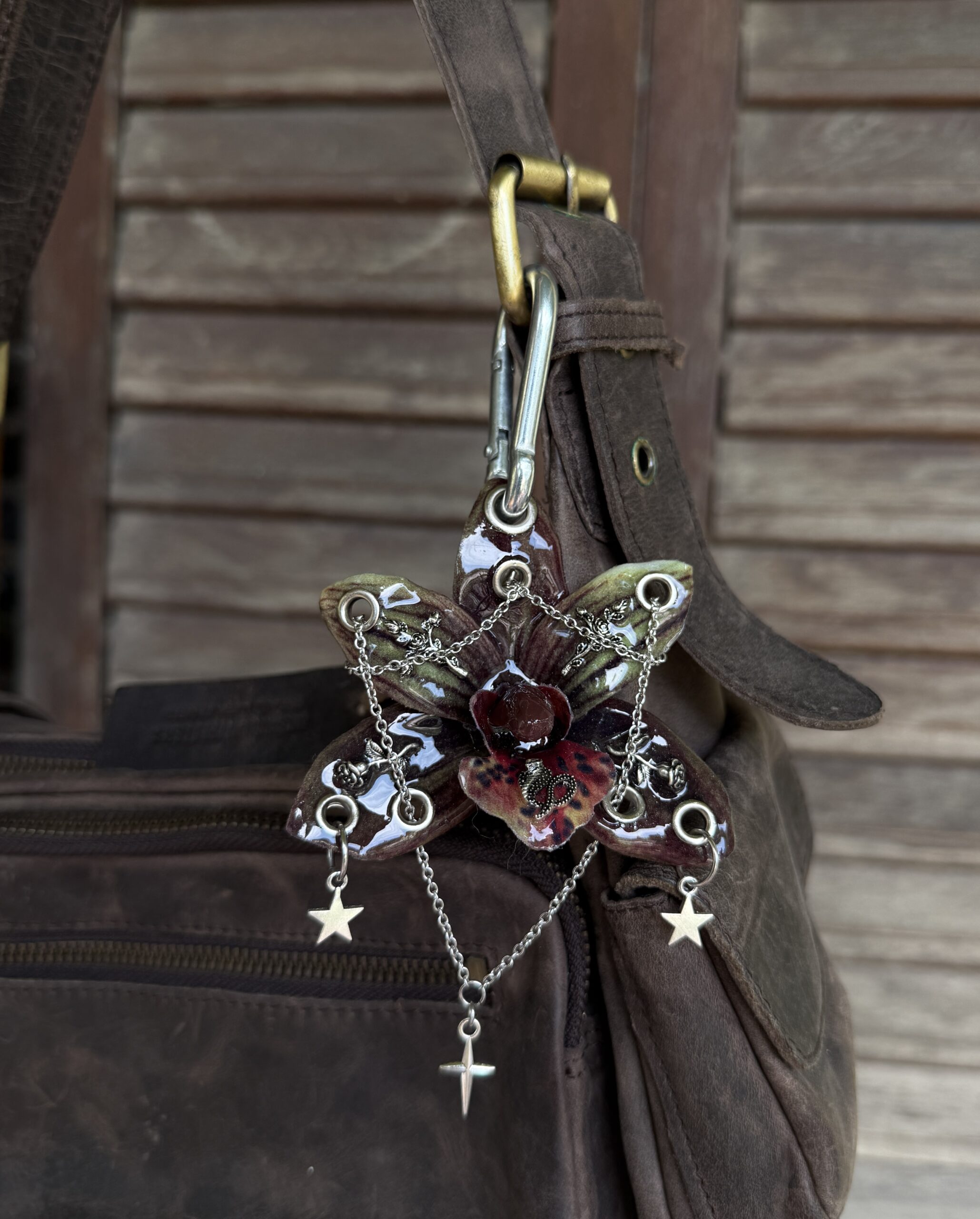 Witchy Bag Charm • Dark Burgundy and Mossy Olive Green • Gothic Resin Orchid Keychain with Snake and Roses Trinket - Image 3