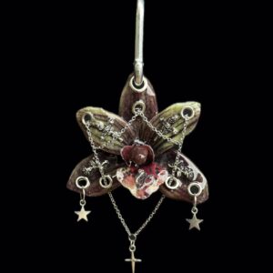 Witchy Bag Charm • Dark Burgundy and Mossy Olive Green • Gothic Resin Orchid Keychain with Snake and Roses Trinket