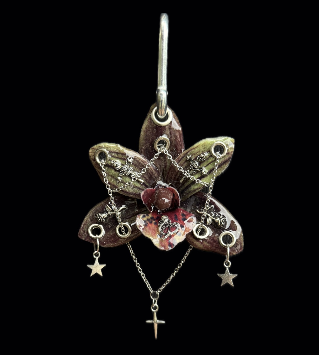 Witchy Bag Charm • Dark Burgundy and Mossy Olive Green • Gothic Resin Orchid Keychain with Snake and Roses Trinket