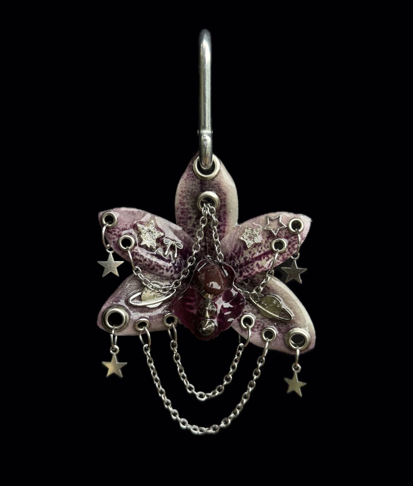 Celestial Bag Charm • Deep Purple and Lilac • Whimsigoth Resin Orchid Keychain with Stars and Planets Trinket