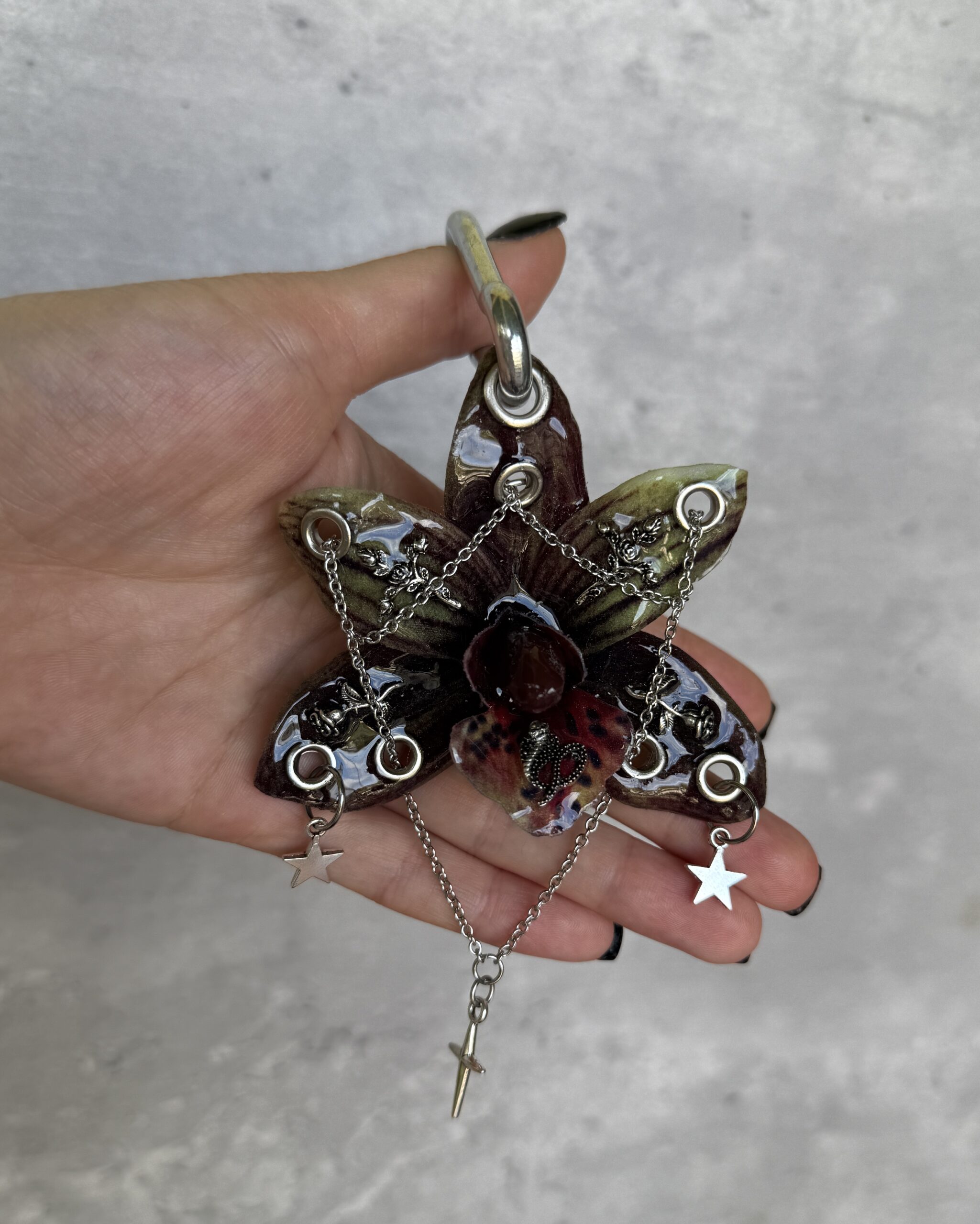Witchy Bag Charm • Dark Burgundy and Mossy Olive Green • Gothic Resin Orchid Keychain with Snake and Roses Trinket - Image 2