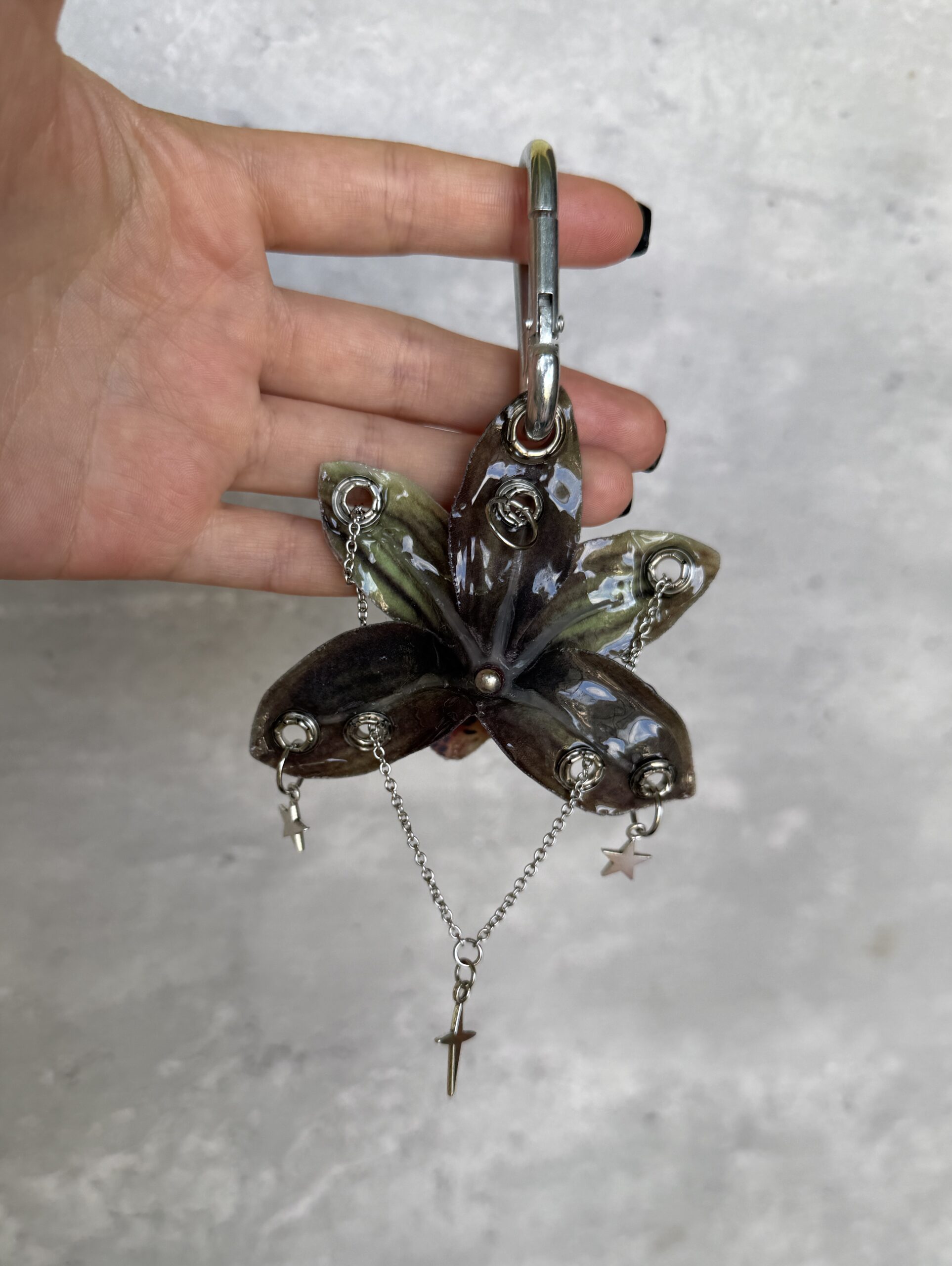 Witchy Bag Charm • Dark Burgundy and Mossy Olive Green • Gothic Resin Orchid Keychain with Snake and Roses Trinket - Image 4