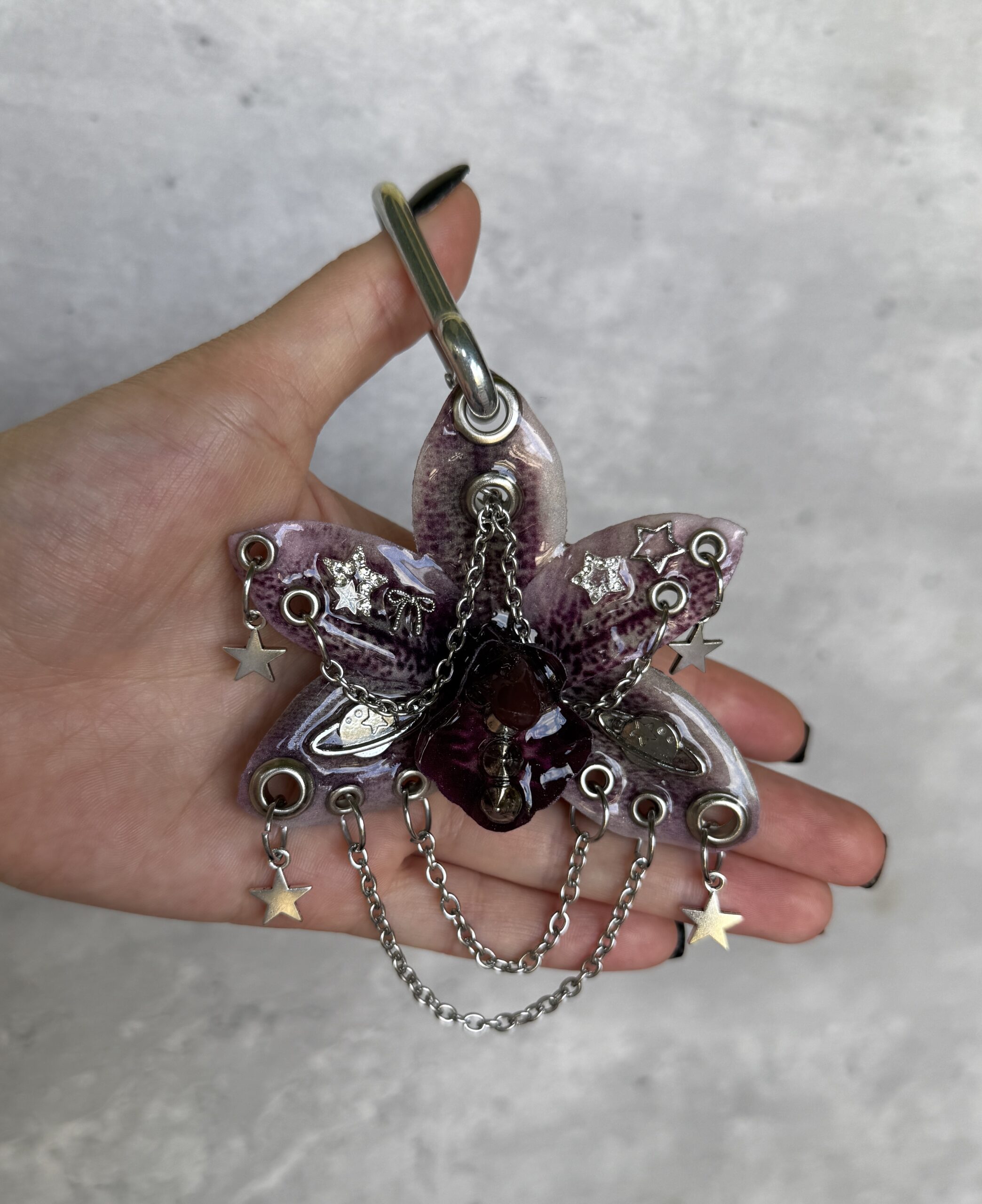 Celestial Bag Charm • Deep Purple and Lilac • Whimsigoth Resin Orchid Keychain with Stars and Planets Trinket - Image 3
