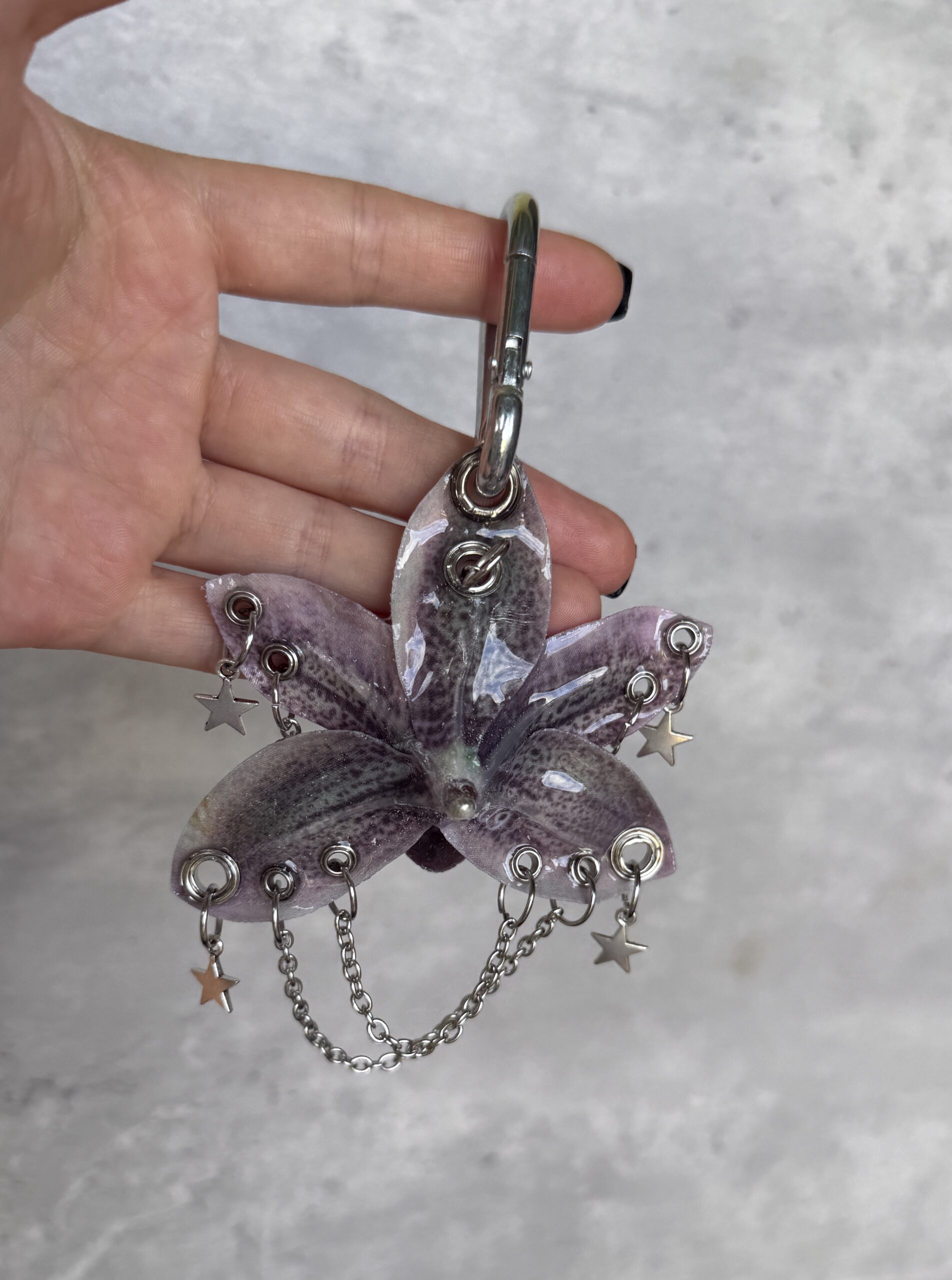 Celestial Bag Charm • Deep Purple and Lilac • Whimsigoth Resin Orchid Keychain with Stars and Planets Trinket - Image 4