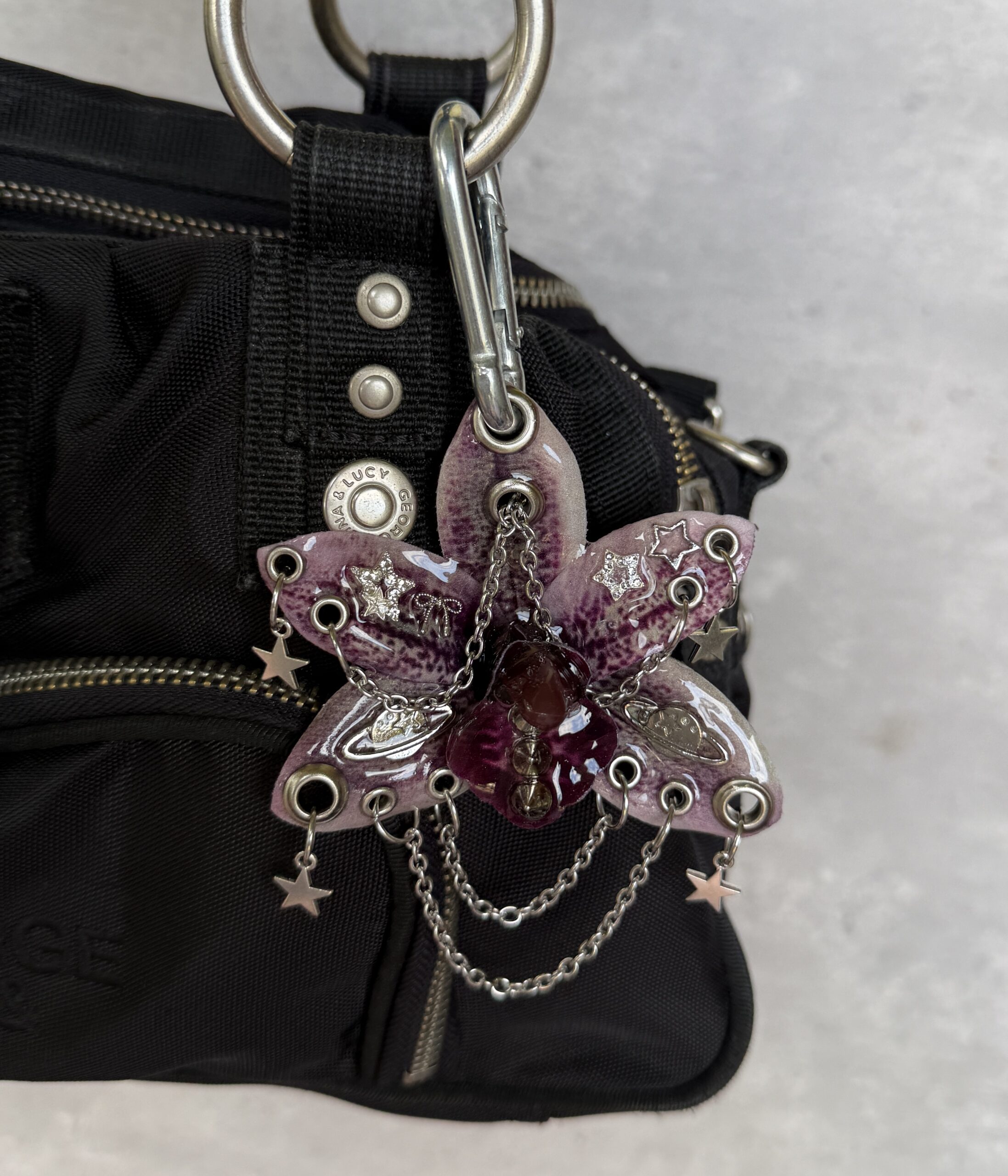Celestial Bag Charm • Deep Purple and Lilac • Whimsigoth Resin Orchid Keychain with Stars and Planets Trinket - Image 2