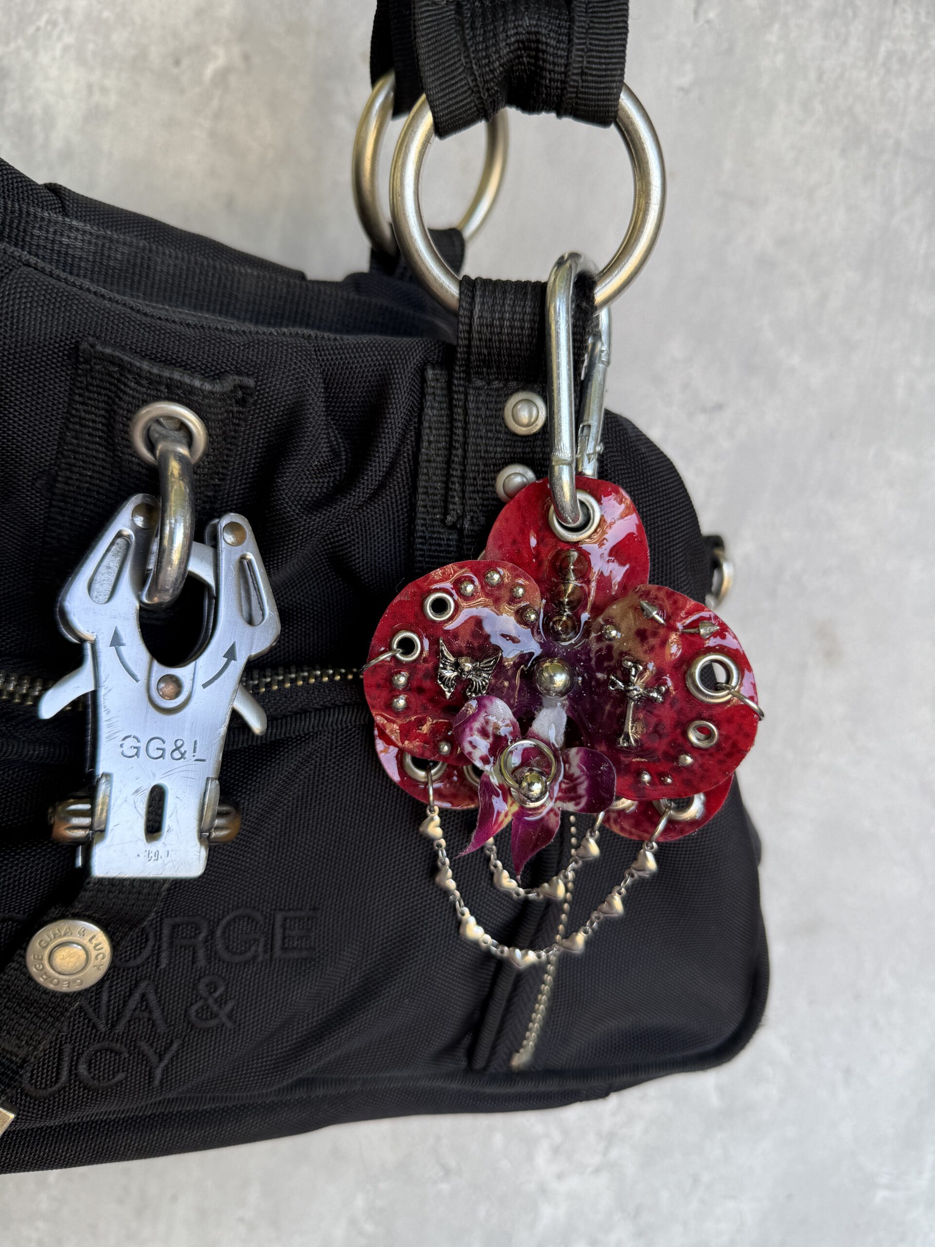 Gothic Bag Charm • Crimson and Purple • Pierced Resin Orchid with Winged Skull and Heart Chain Trinket • Mall Goth Punk Y2K - Image 2