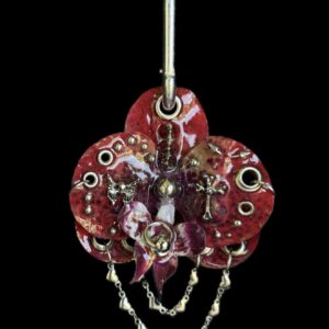Gothic Bag Charm • Crimson and Purple • Pierced Resin Orchid with Winged Skull and Heart Chain Trinket • Mall Goth Punk Y2K