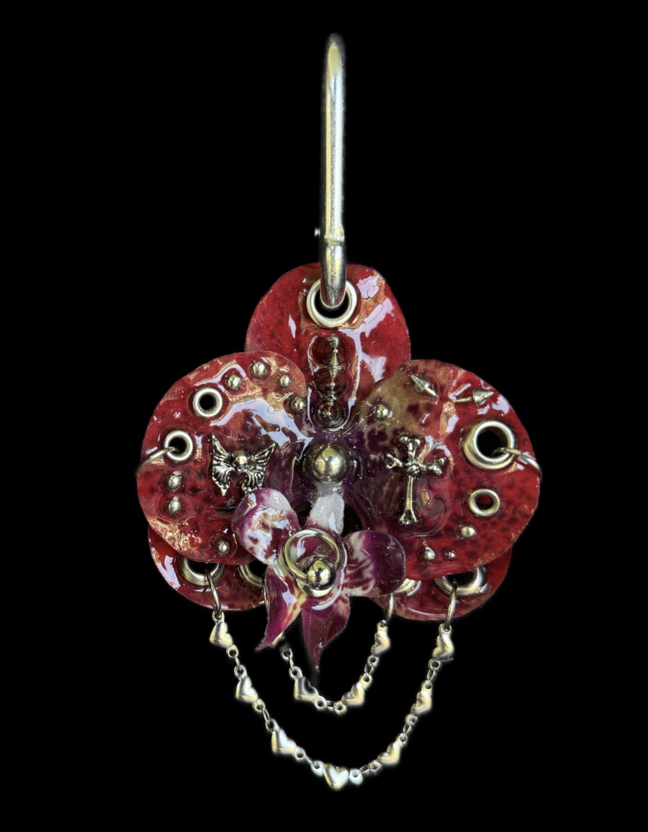 Gothic Bag Charm • Crimson and Purple • Pierced Resin Orchid with Winged Skull and Heart Chain Trinket • Mall Goth Punk Y2K