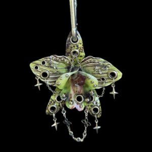 Grunge Fairycore Bag Charm • Green and Silver • Resin Orchid with Silver Stars Roses Ball Studs and Flower Dangle Trinket